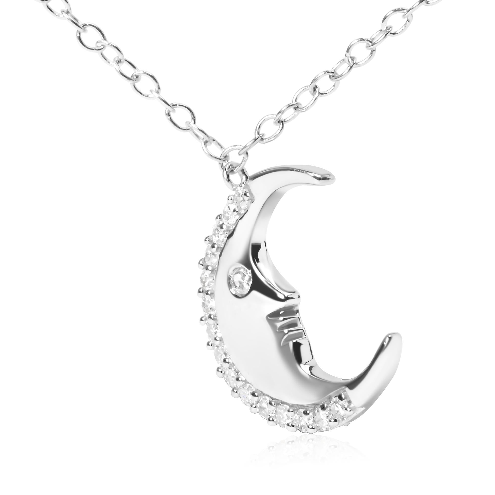 .925 Sterling Silver 1/10ct Diamond Crescent Man on the Moon 18" Pendant Necklace (H-I Color, SI1-SI2 Clarity)