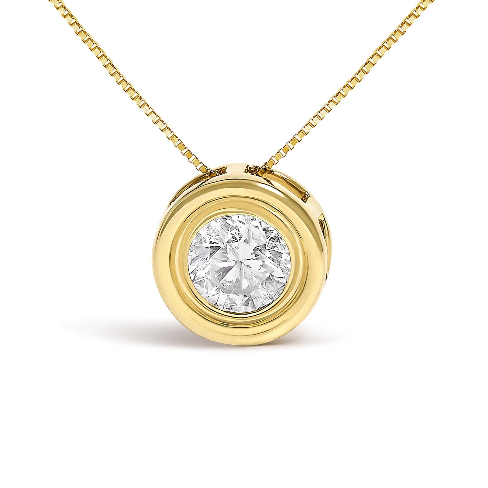 14K Yellow Gold 1 3/8 Cttw Bezel Set Round Champagne Diamond Solitaire 18" Pendant Necklace (Champagne Color, SI2-I1 Clarity)