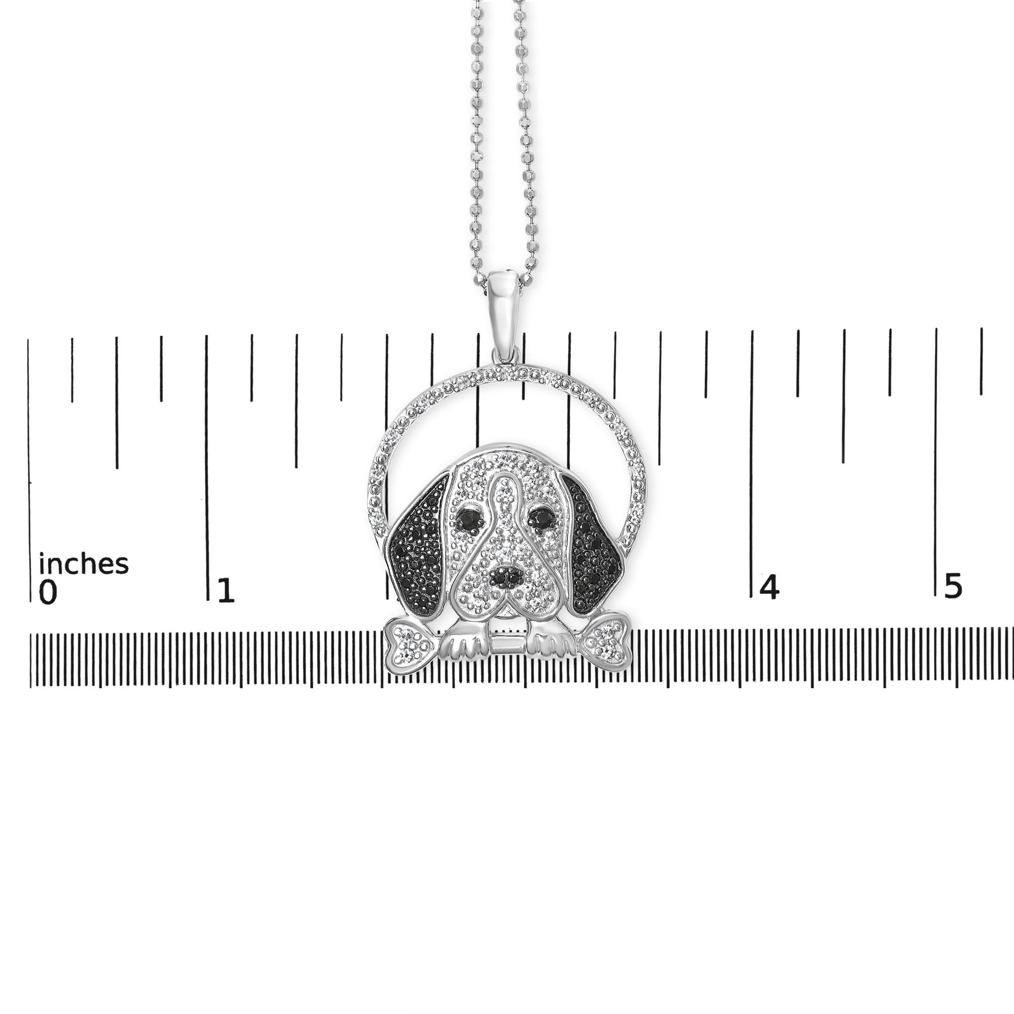 .925 Sterling Silver 1/4 Cttw White and Black Diamond Beagle Dog and Bone Pendant Necklace (I-J Color, I2-I3 Clarity) - 18" Inches