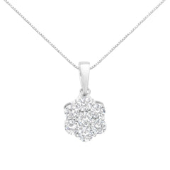 14K White Gold 1 cttw Brilliant Round-Cut Diamond 7 Stone Flower 18" Pendant Necklace (F-G Color, VS1-VS2 Clarity)