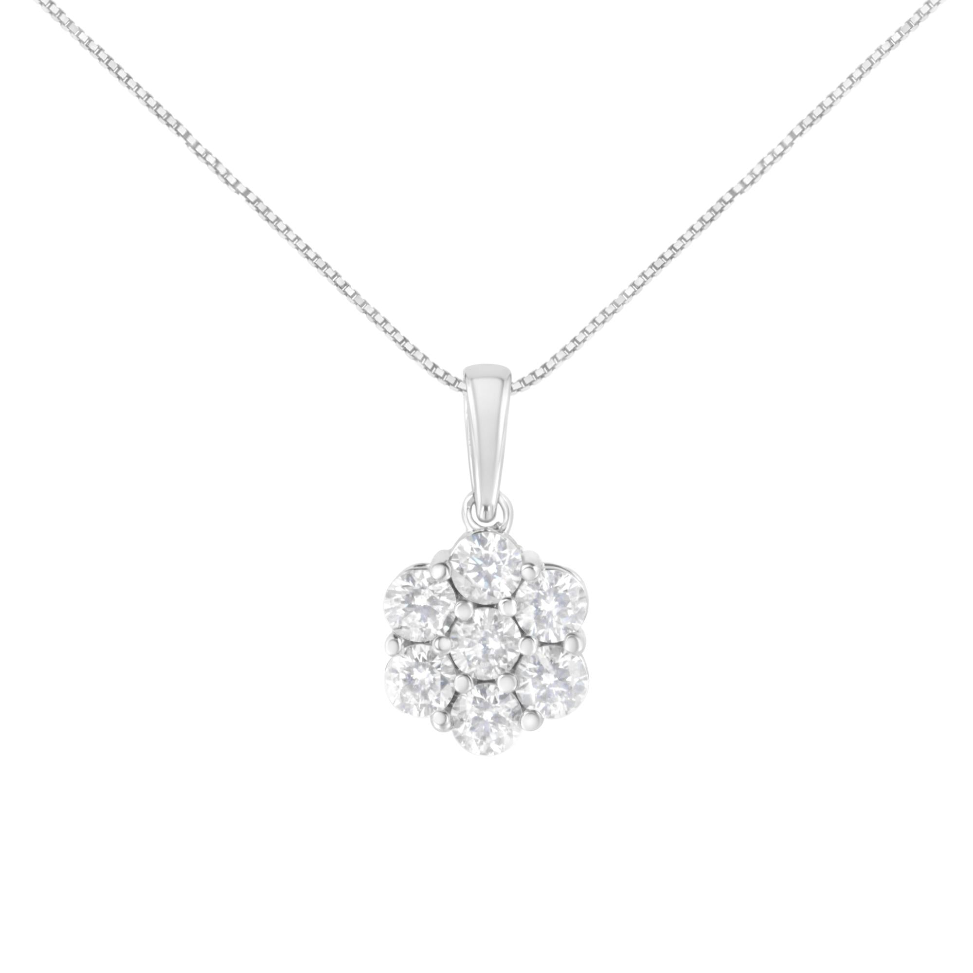 14K White Gold 2.00 Cttw Brilliant Round-Cut Diamond 7 Stone Flower Cluster 18" Pendant Necklace (H-I Color, SI2-I1 Clarity)