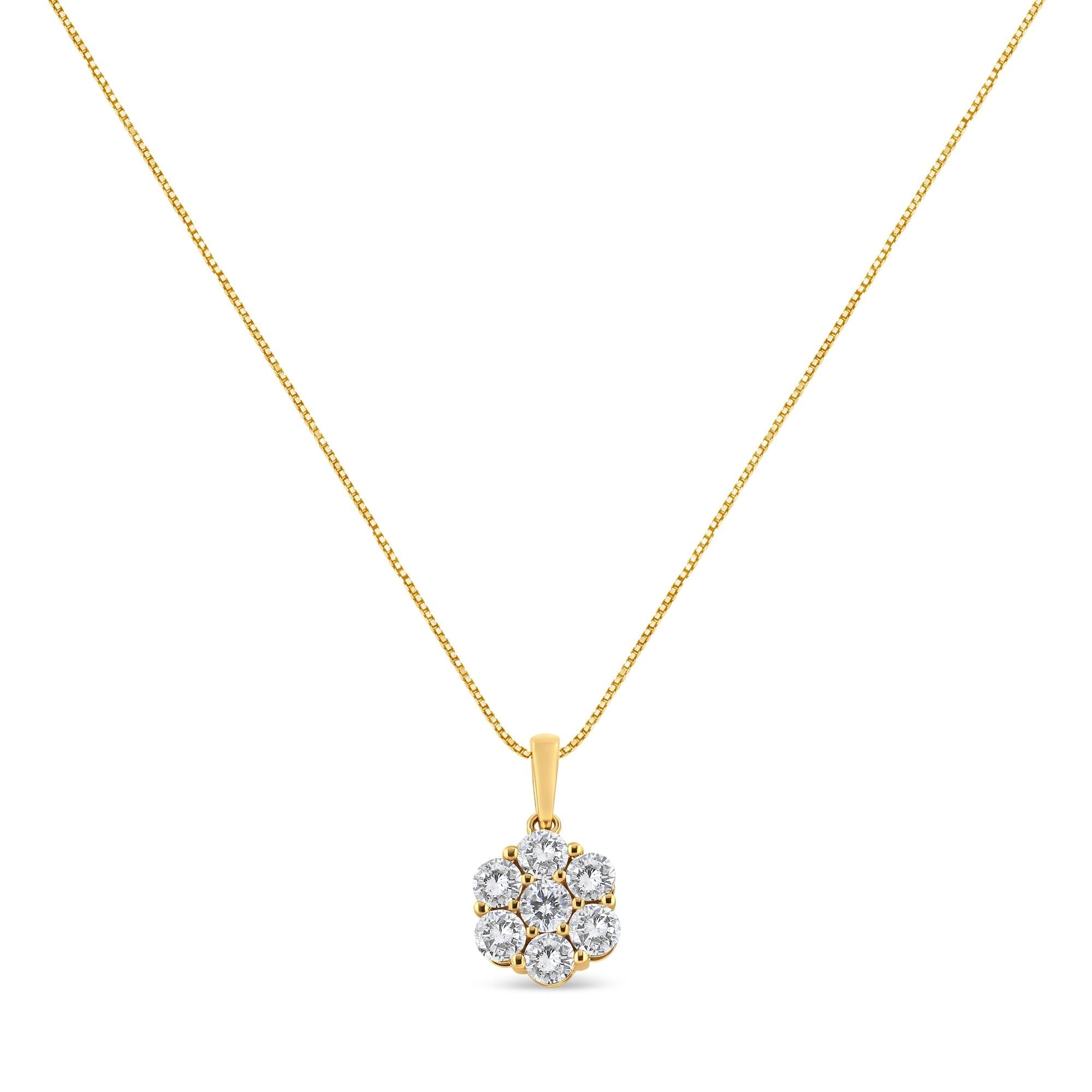 14K Yellow Gold 2.00 Cttw Brilliant Round-Cut Diamond 7 Stone Flower Cluster 18" Pendant Necklace (H-I Color, SI2-I1 Clarity)