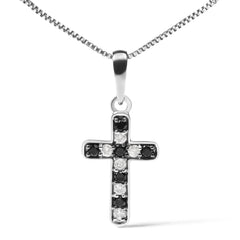 .925 Sterling Silver 1/4 Cttw Round Natural Treated Black and White Diamond Cross Pendant Necklace (Black and I-J Color, I3 Clarity)