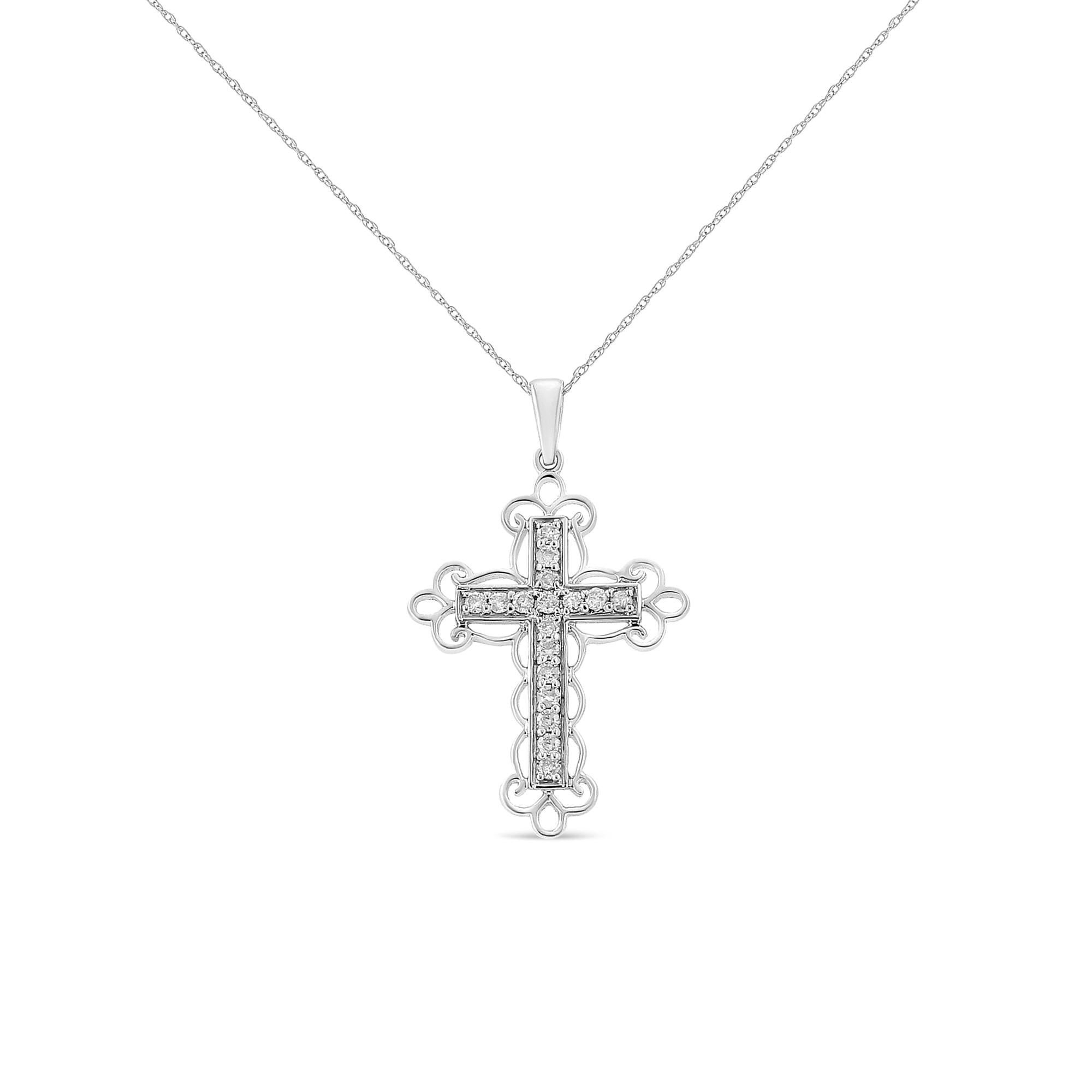 .925 Sterling Silver 1/4 Cttw Round Cut Diamond Art Deco Style Cross 18" Pendant Necklace (J-K Color, I2-I3 Clarity)
