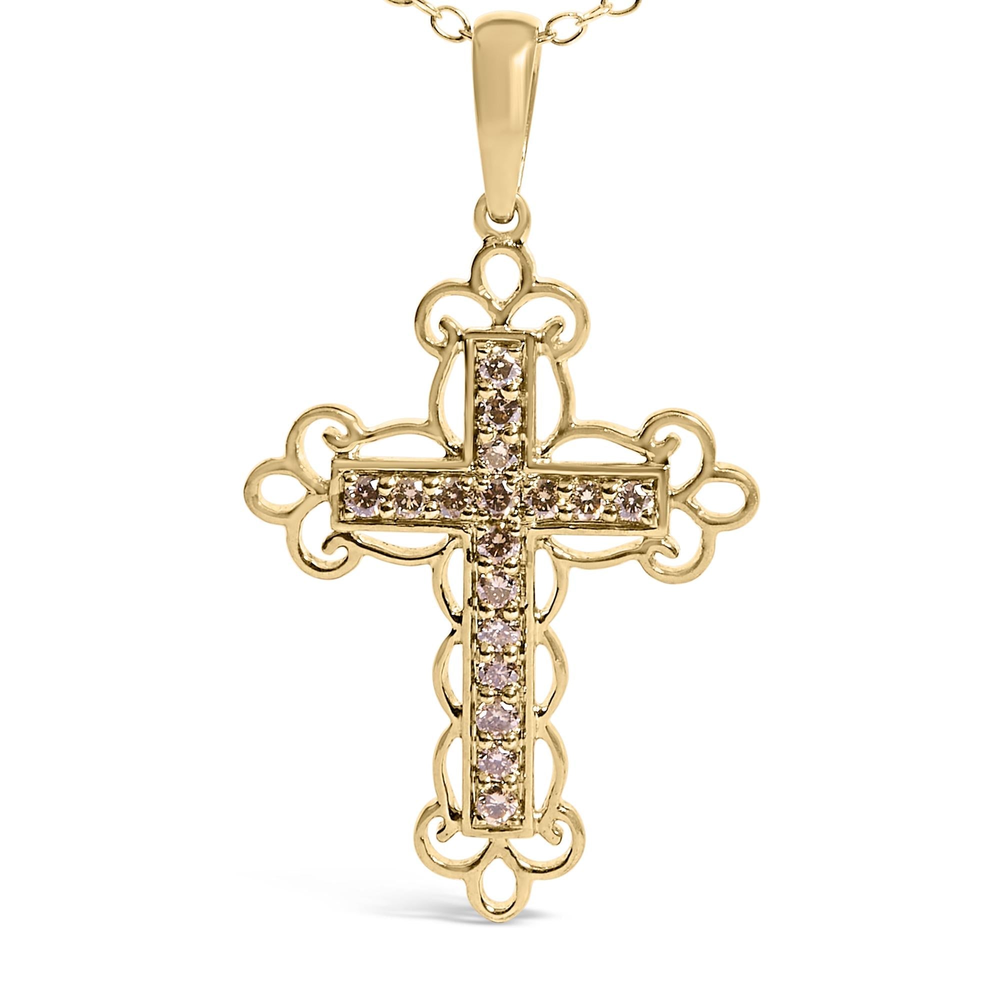 10K Yellow Flashed .925 Sterling Silver 1/4 Cttw Champagne Diamond Filigree Cross Pendant Necklace (K-L Color, I1-I2 Clarity) - 18"