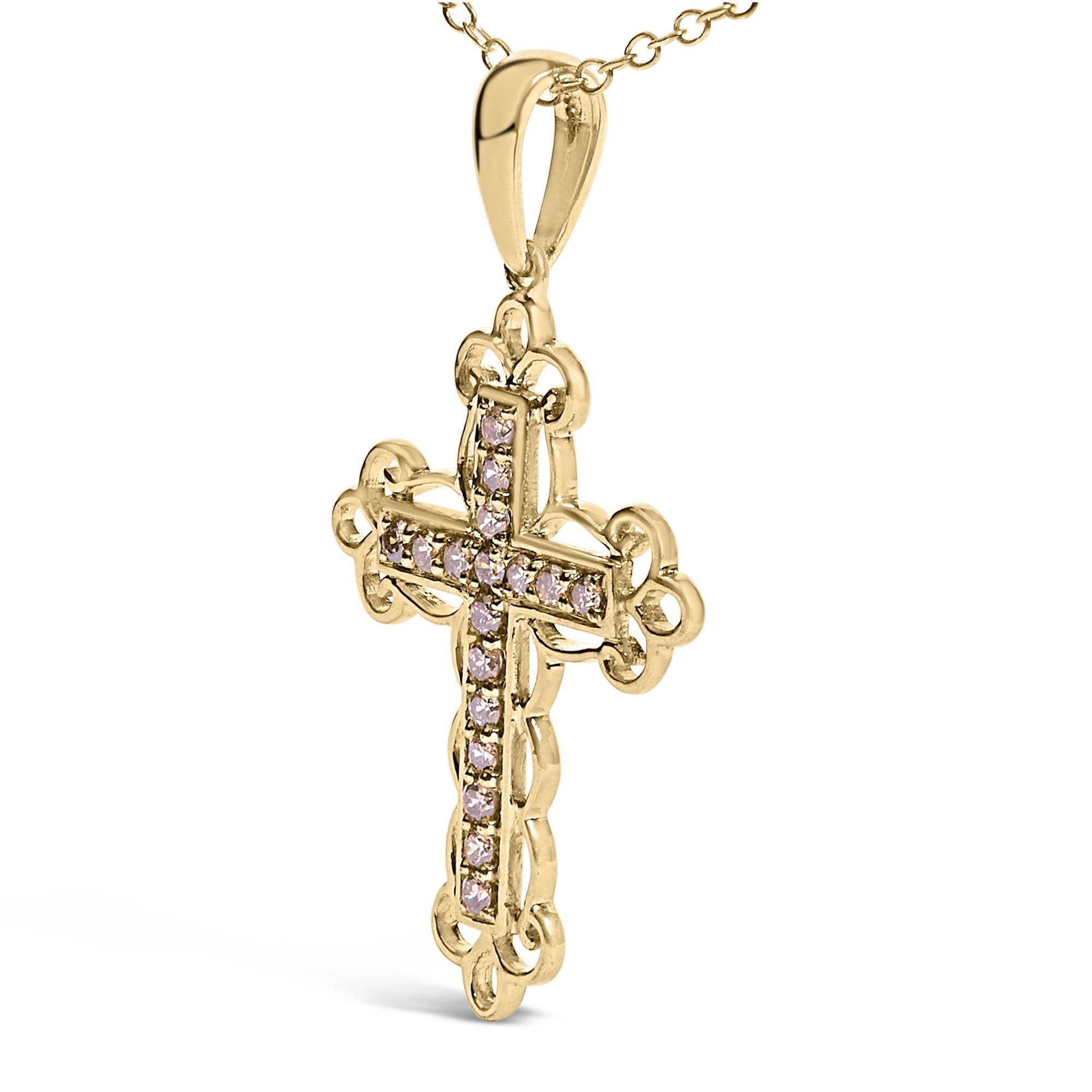 10K Yellow Flashed .925 Sterling Silver 1/4 Cttw Champagne Diamond Filigree Cross Pendant Necklace (K-L Color, I1-I2 Clarity) - 18"