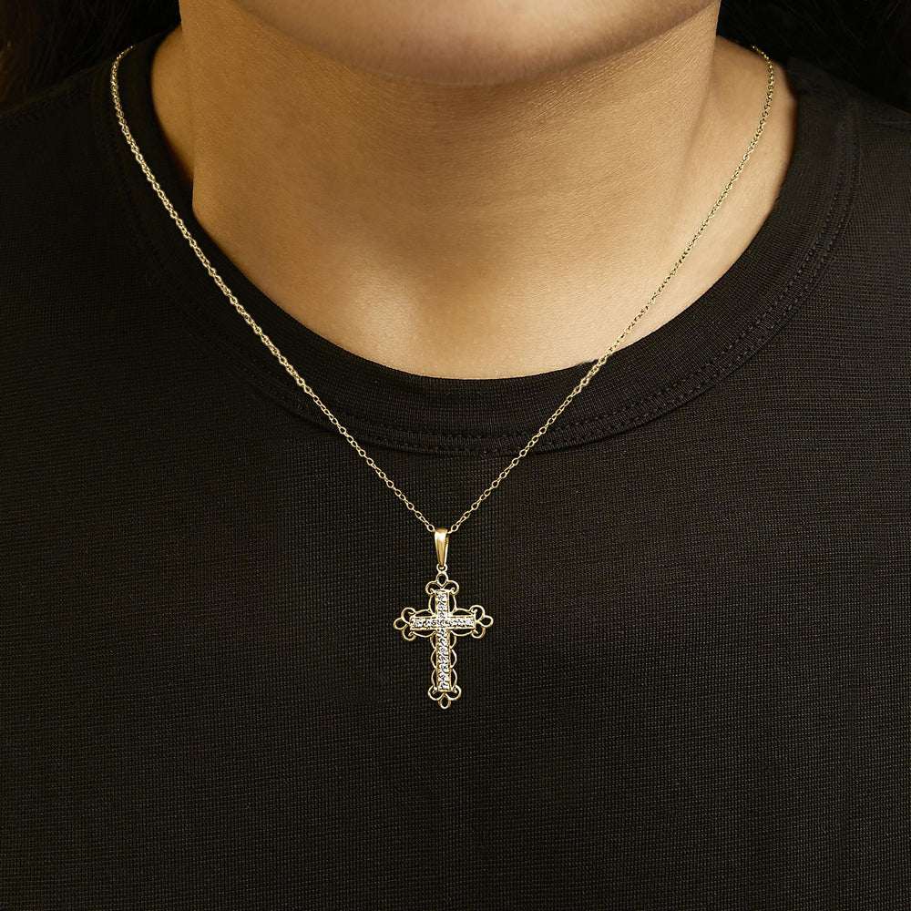 10K Yellow Flashed .925 Sterling Silver 1/4 Cttw Champagne Diamond Filigree Cross Pendant Necklace (K-L Color, I1-I2 Clarity) - 18"
