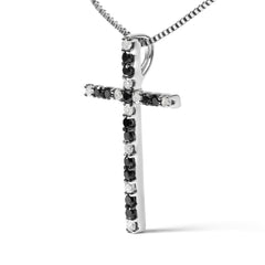 .925 Sterling Silver 1/4 Cttw Black and White Diamond Cross 18" Pendant Necklace (H-I Color, I2-I3 Clarity)