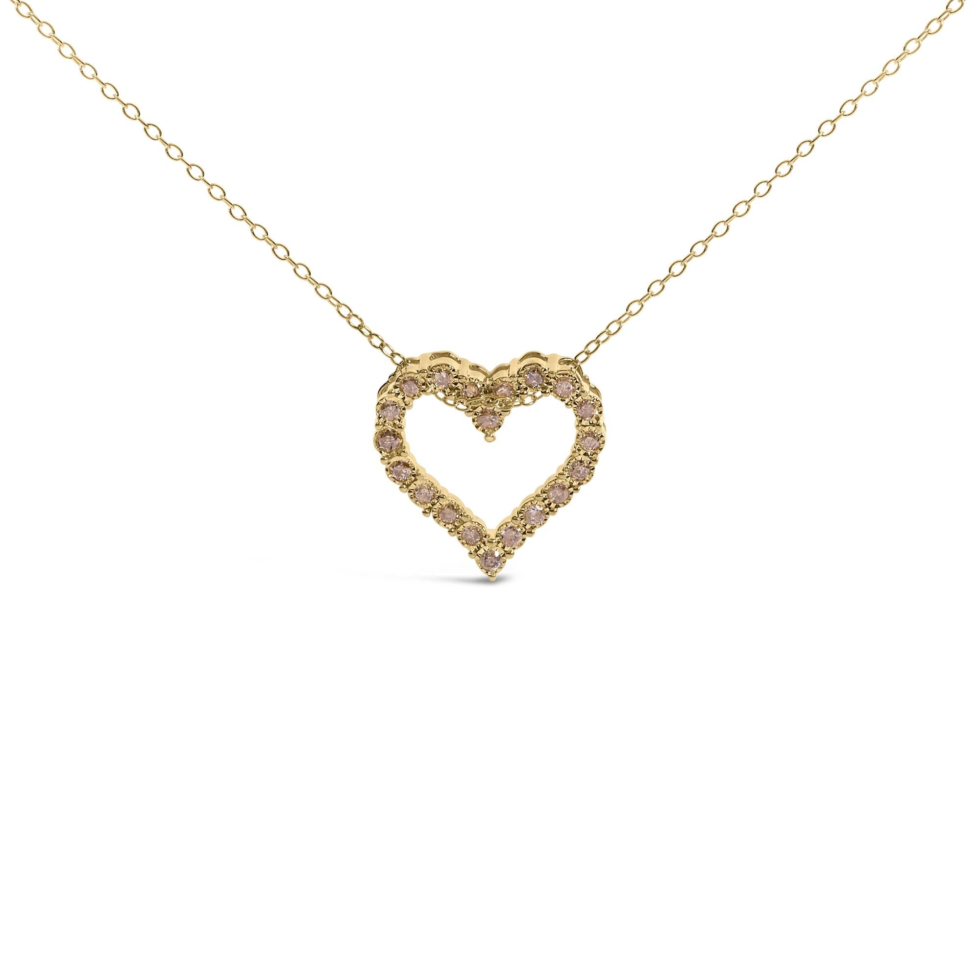 10K Yellow Gold Flashed .925 Sterling Silver 1/2 Cttw Champagne Diamond Miracle Plate Heart Pendant Necklace (K-L Color, I1-I2 Clarity) - 18"
