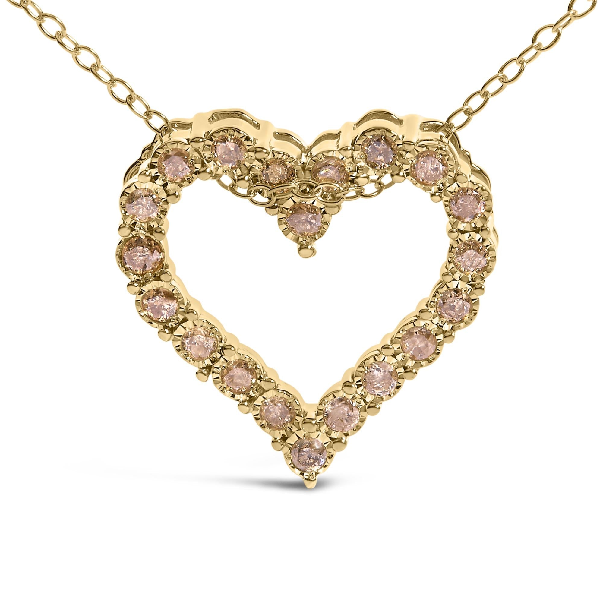 10K Yellow Gold Flashed .925 Sterling Silver 1/2 Cttw Champagne Diamond Miracle Plate Heart Pendant Necklace (K-L Color, I1-I2 Clarity) - 18"