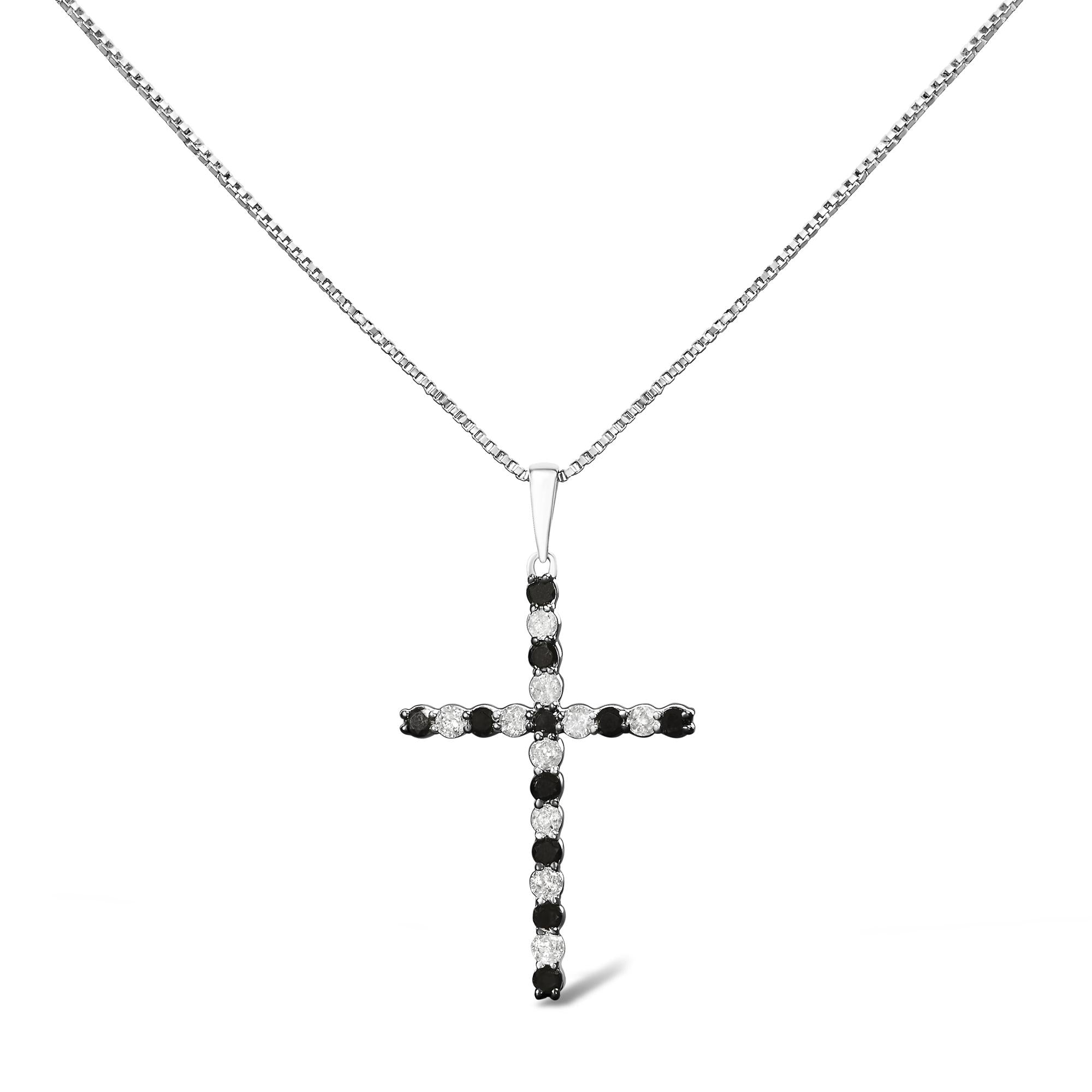 .925 Sterling Silver 1/2 Cttw Alternating Black and White Diamond Cross Pendant Necklace (H-I Color, I2-I3 Clarity) - 18" Inches