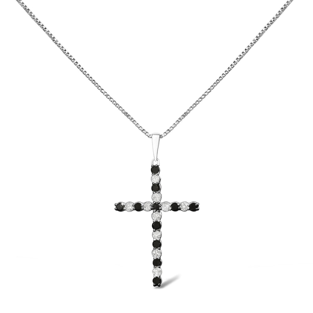 .925 Sterling Silver 1/2 Cttw Alternating Black and White Diamond Cross Pendant Necklace (H-I Color, I2-I3 Clarity) - 18" Inches