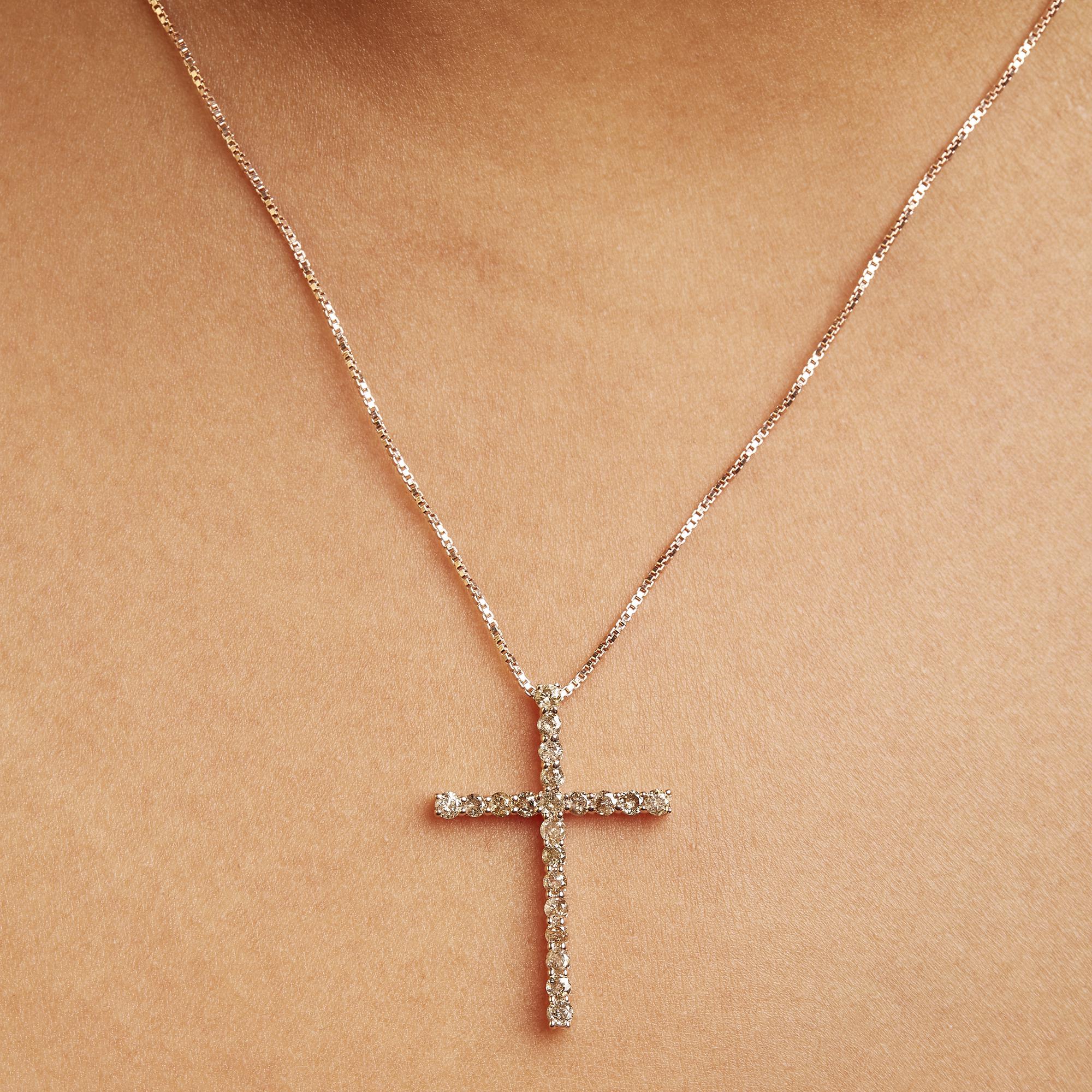 .925 Sterling Silver 1.0 Cttw Champagne Diamond Gold Cross Pendant Necklace for Women (Champagne Color, I1-I2 Clarity)- 18 inch