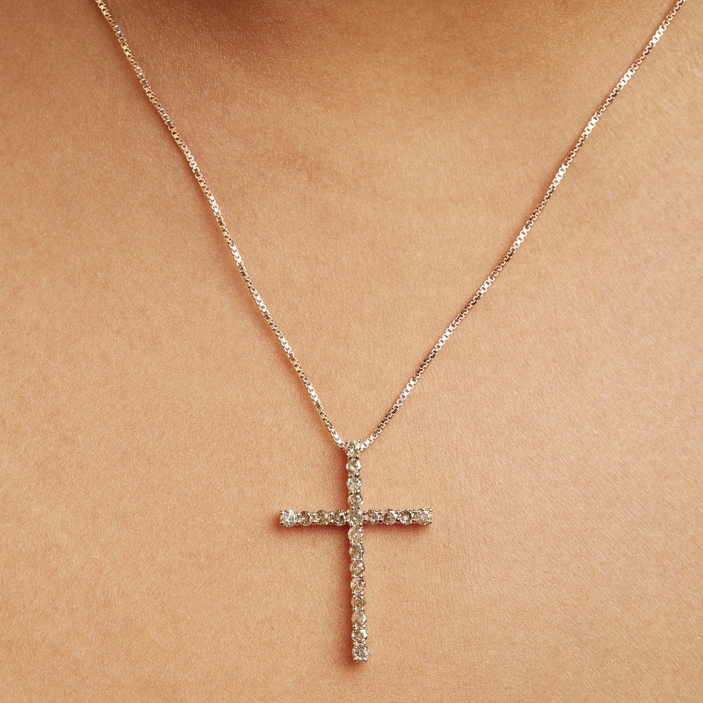 .925 Sterling Silver 1.0 Cttw Champagne Diamond Gold Cross Pendant Necklace for Women (Champagne Color, I1-I2 Clarity)- 18 inch