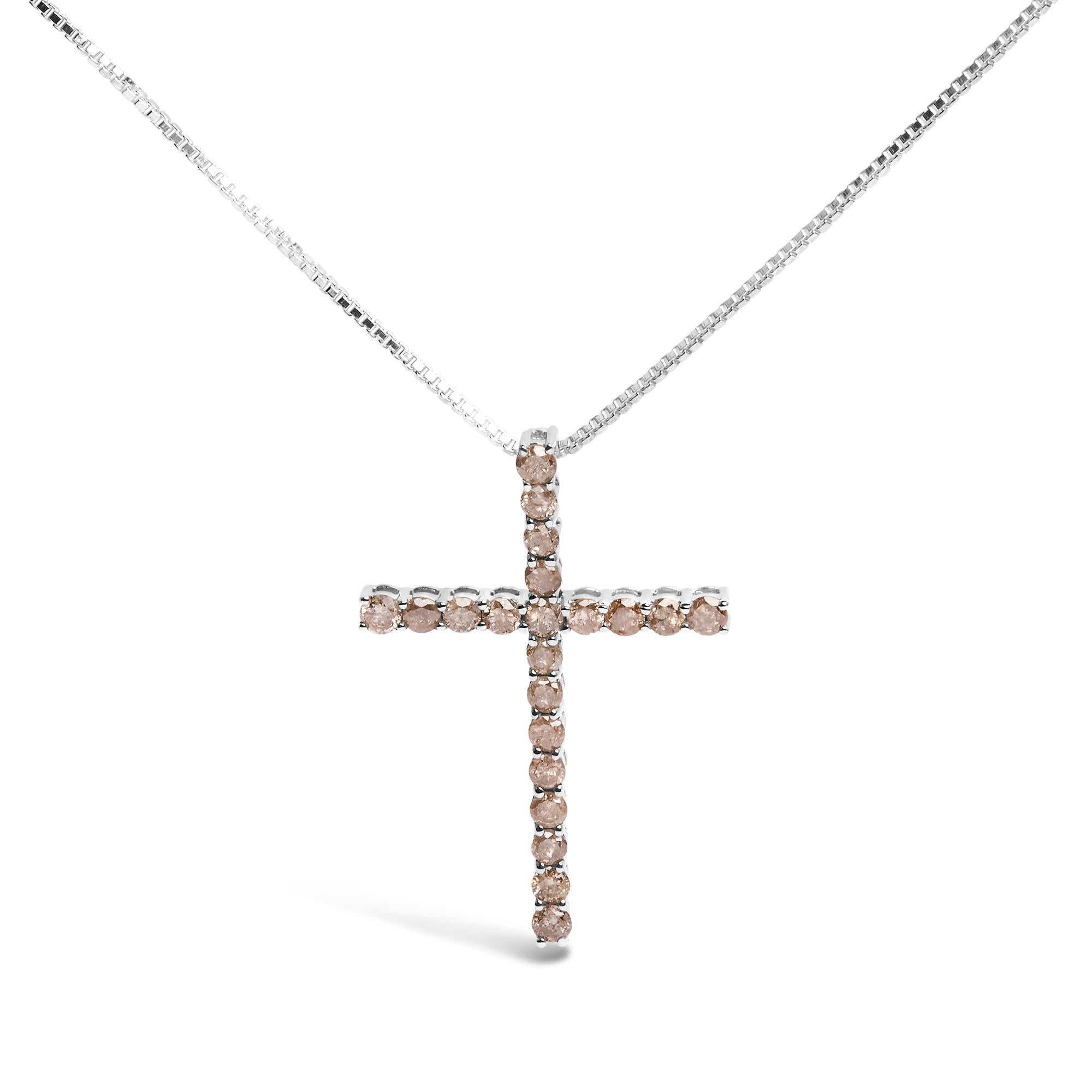 .925 Sterling Silver 1.0 Cttw Champagne Diamond Gold Cross Pendant Necklace for Women (Champagne Color, I1-I2 Clarity)- 18 inch