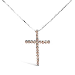 .925 Sterling Silver 1.0 Cttw Champagne Diamond Gold Cross Pendant Necklace for Women (Champagne Color, I1-I2 Clarity)- 18 inch