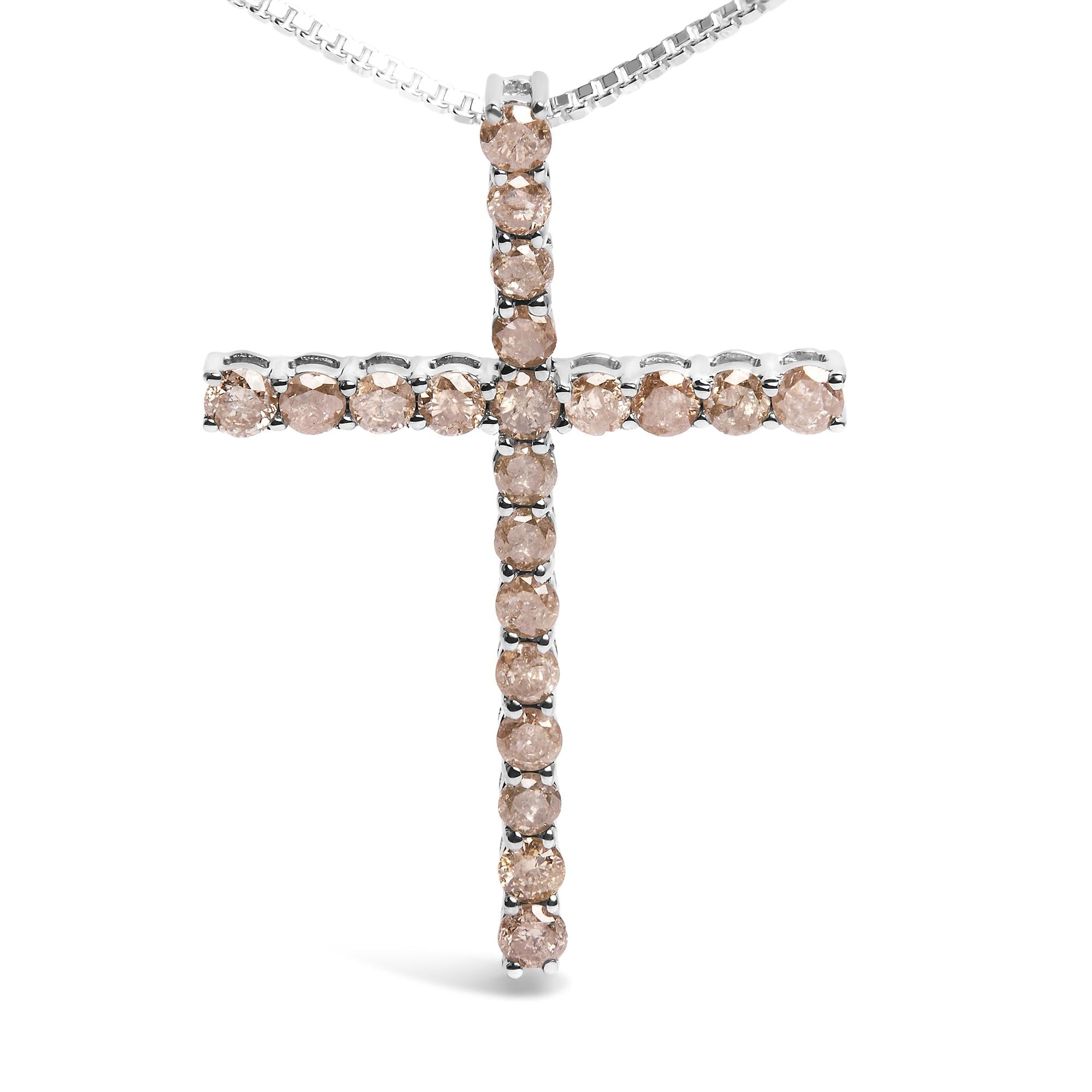 .925 Sterling Silver 1.0 Cttw Champagne Diamond Gold Cross Pendant Necklace for Women (Champagne Color, I1-I2 Clarity)- 18 inch