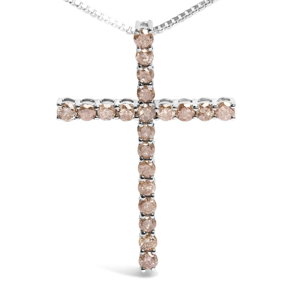 .925 Sterling Silver 1.0 Cttw Champagne Diamond Gold Cross Pendant Necklace for Women (Champagne Color, I1-I2 Clarity)- 18 inch
