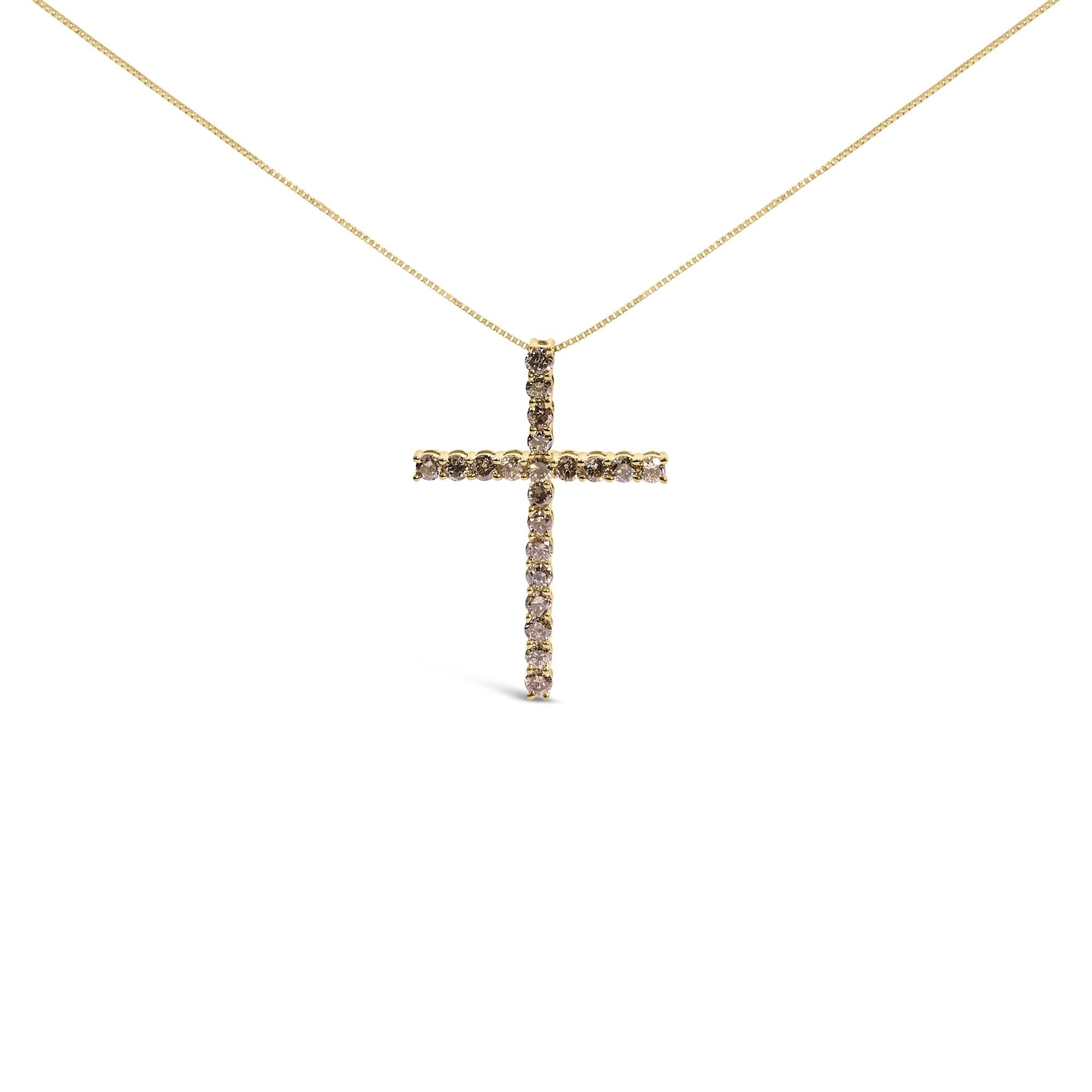 .925 Sterling Silver 1.0 Cttw Champagne Diamond Gold Cross Pendant Necklace for Women (Champagne Color, I1-I2 Clarity)- 18 inch
