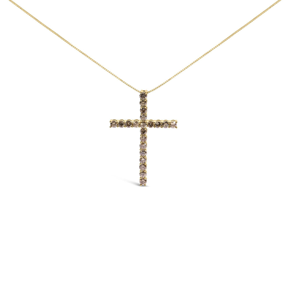 .925 Sterling Silver 1.0 Cttw Champagne Diamond Gold Cross Pendant Necklace for Women (Champagne Color, I1-I2 Clarity)- 18 inch
