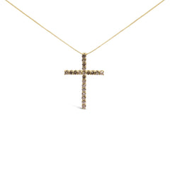 .925 Sterling Silver 1.0 Cttw Champagne Diamond Gold Cross Pendant Necklace for Women (Champagne Color, I1-I2 Clarity)- 18 inch
