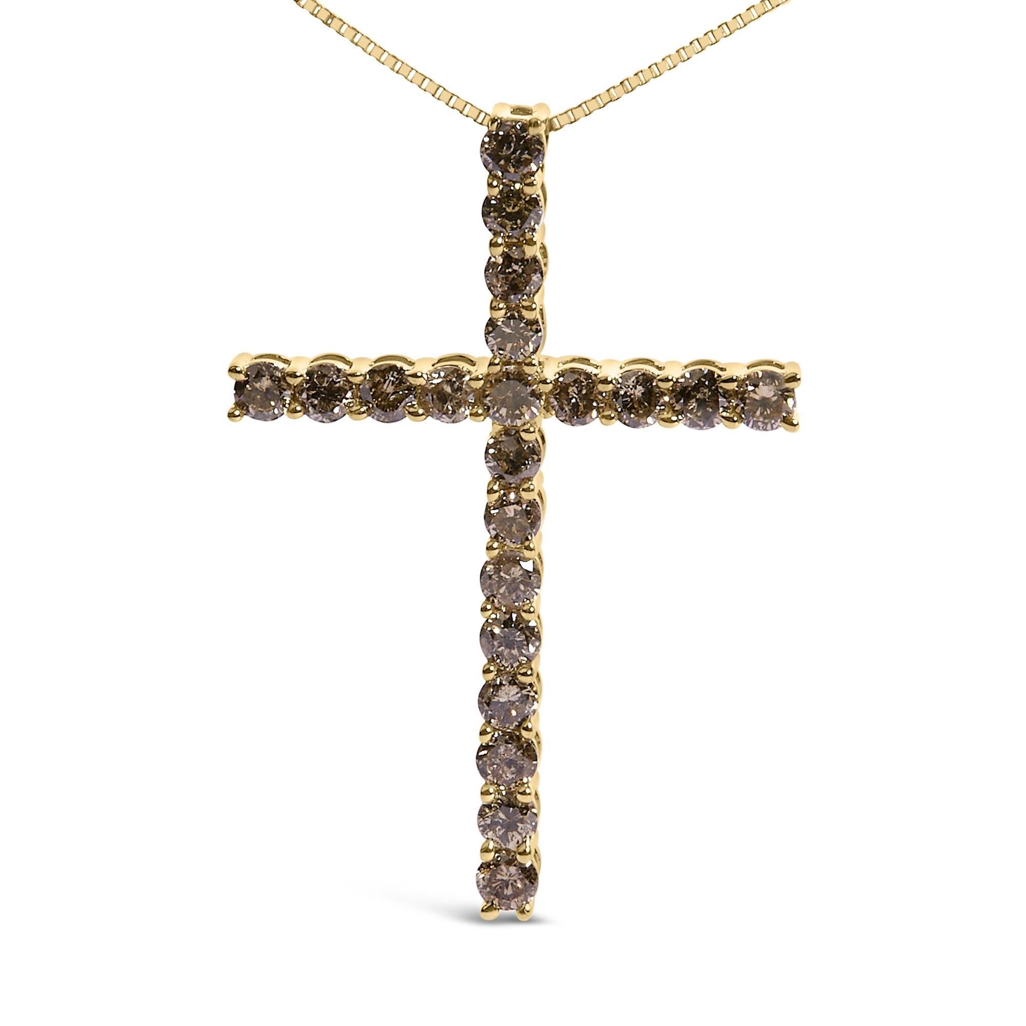 .925 Sterling Silver 1.0 Cttw Champagne Diamond Gold Cross Pendant Necklace for Women (Champagne Color, I1-I2 Clarity)- 18 inch