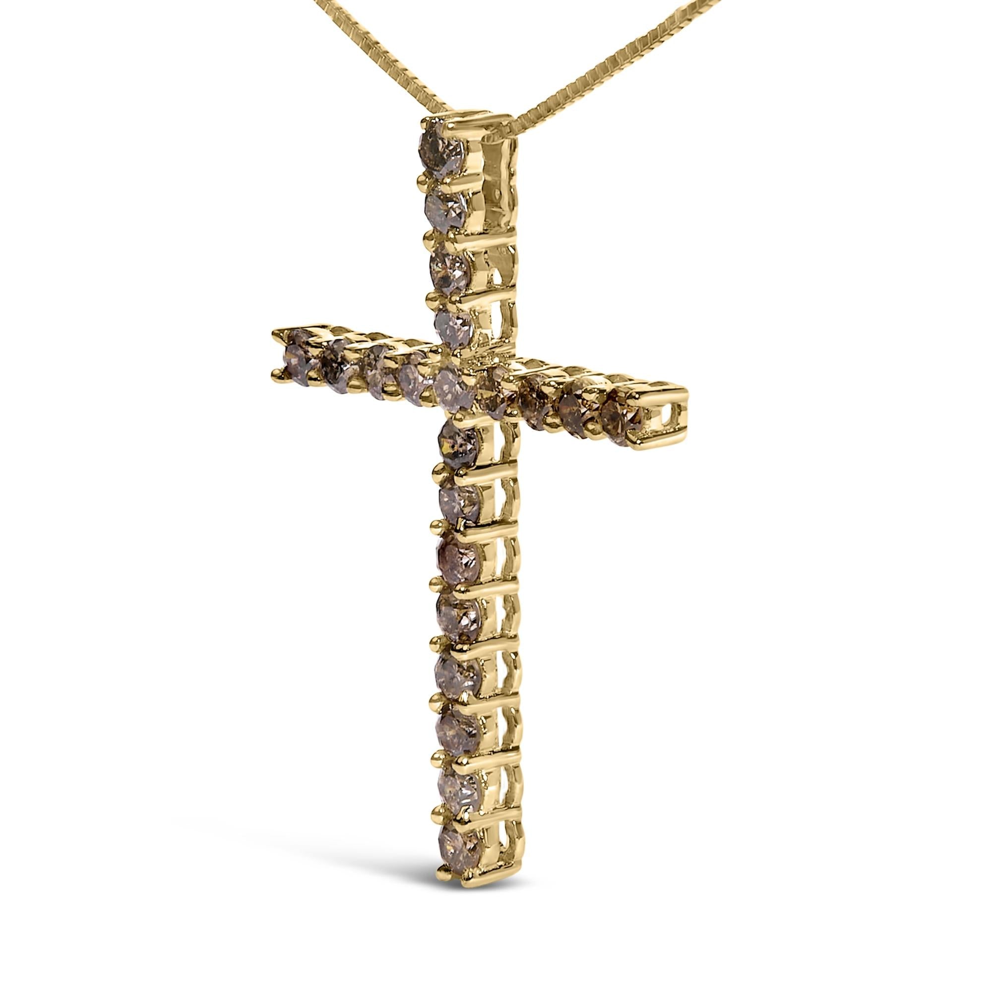 .925 Sterling Silver 1.0 Cttw Champagne Diamond Gold Cross Pendant Necklace for Women (Champagne Color, I1-I2 Clarity)- 18 inch