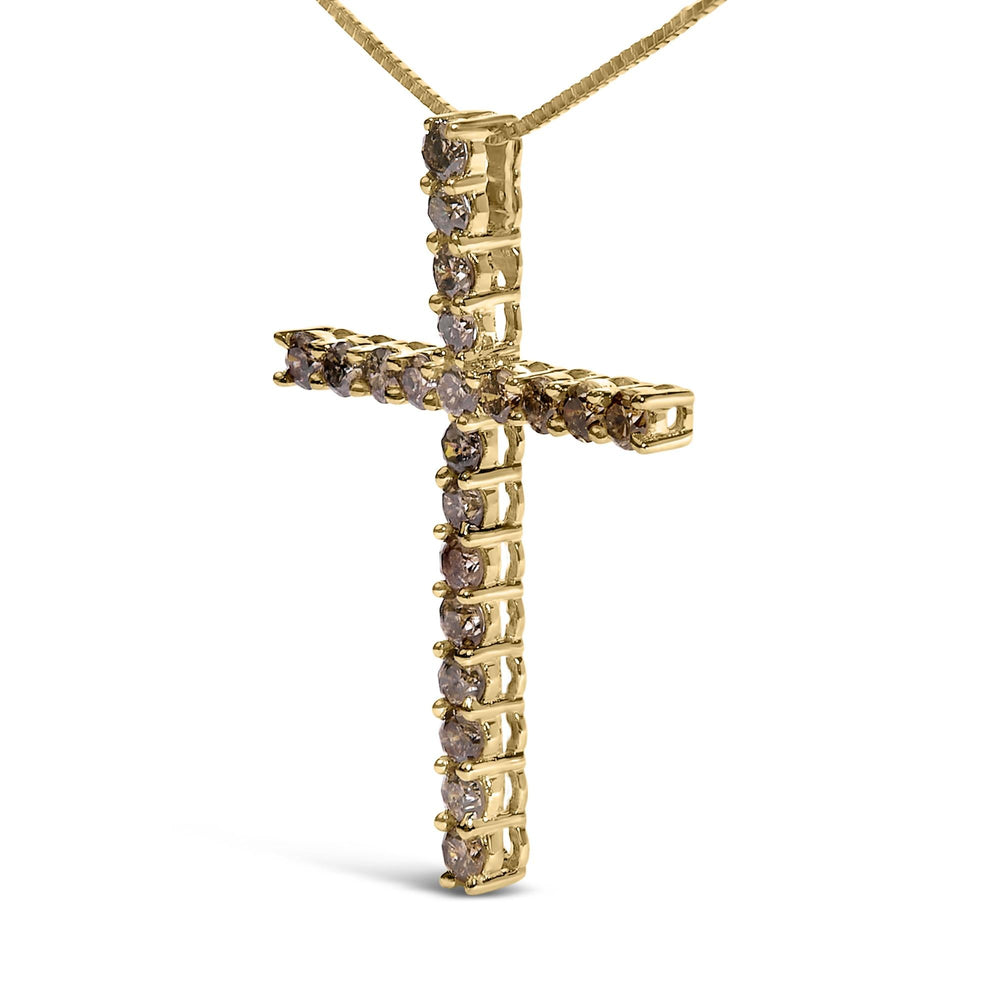 .925 Sterling Silver 1.0 Cttw Champagne Diamond Gold Cross Pendant Necklace for Women (Champagne Color, I1-I2 Clarity)- 18 inch