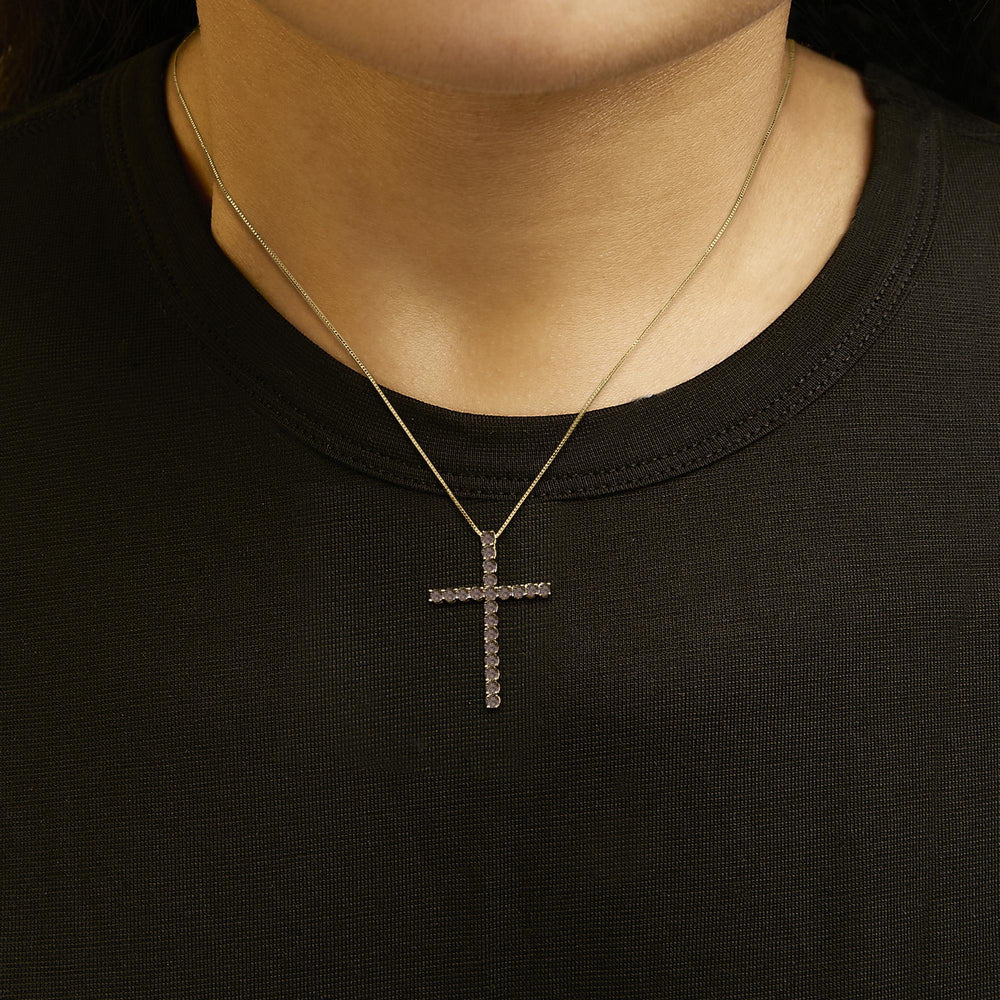 .925 Sterling Silver 1.0 Cttw Champagne Diamond Gold Cross Pendant Necklace for Women (Champagne Color, I1-I2 Clarity)- 18 inch