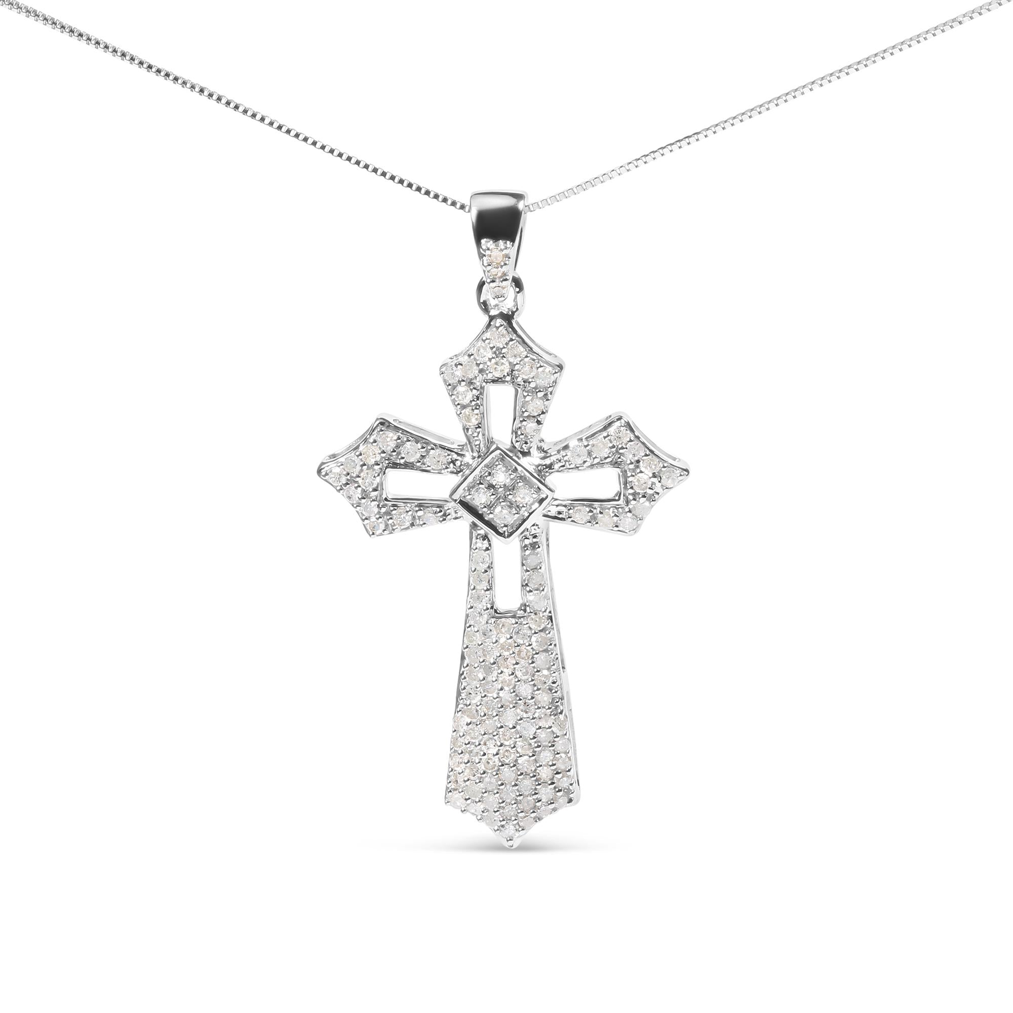 .925 Sterling Silver 1.00 Cttw Diamond Fleur De Lis Cross 18" Pendant Necklace (H-I Color, I2-I3 Clarity)