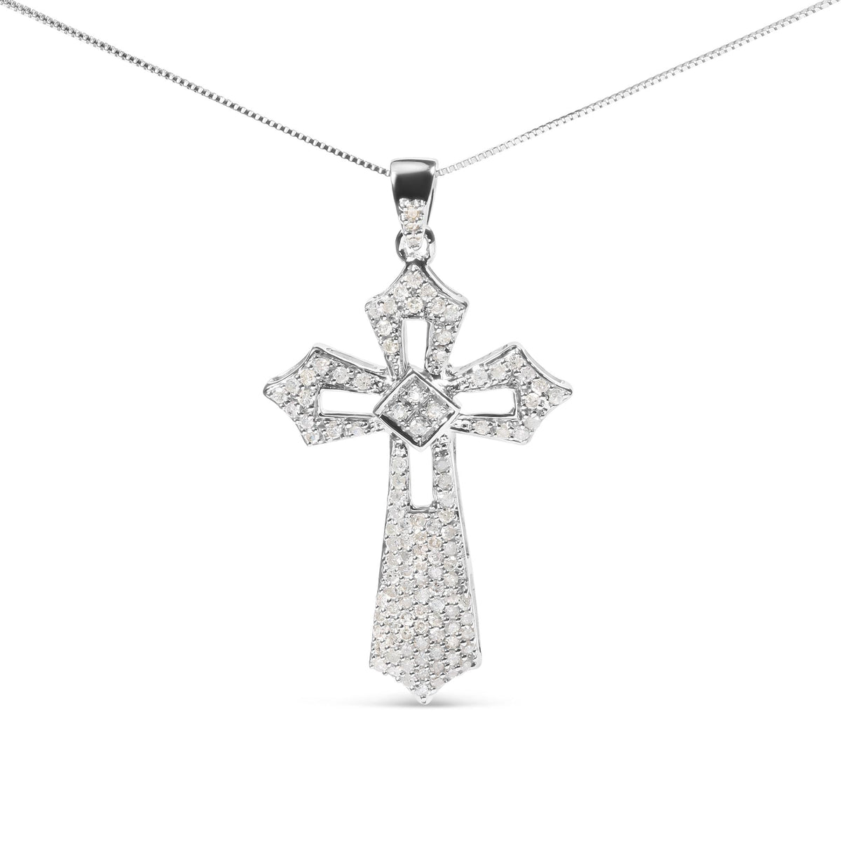.925 Sterling Silver 1.00 Cttw Diamond Fleur De Lis Cross 18" Pendant Necklace (H-I Color, I2-I3 Clarity)