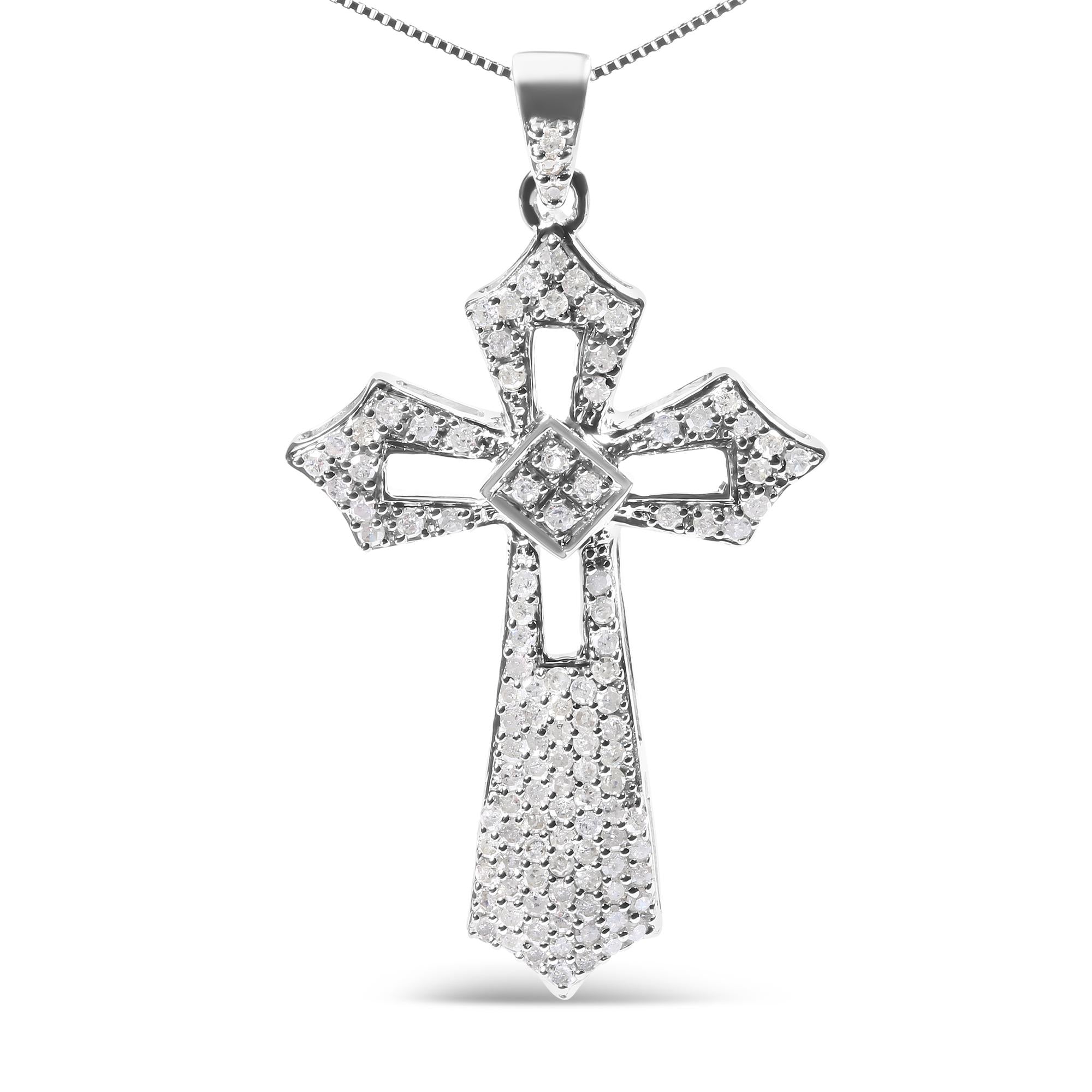 .925 Sterling Silver 1.00 Cttw Diamond Fleur De Lis Cross 18" Pendant Necklace (H-I Color, I2-I3 Clarity)