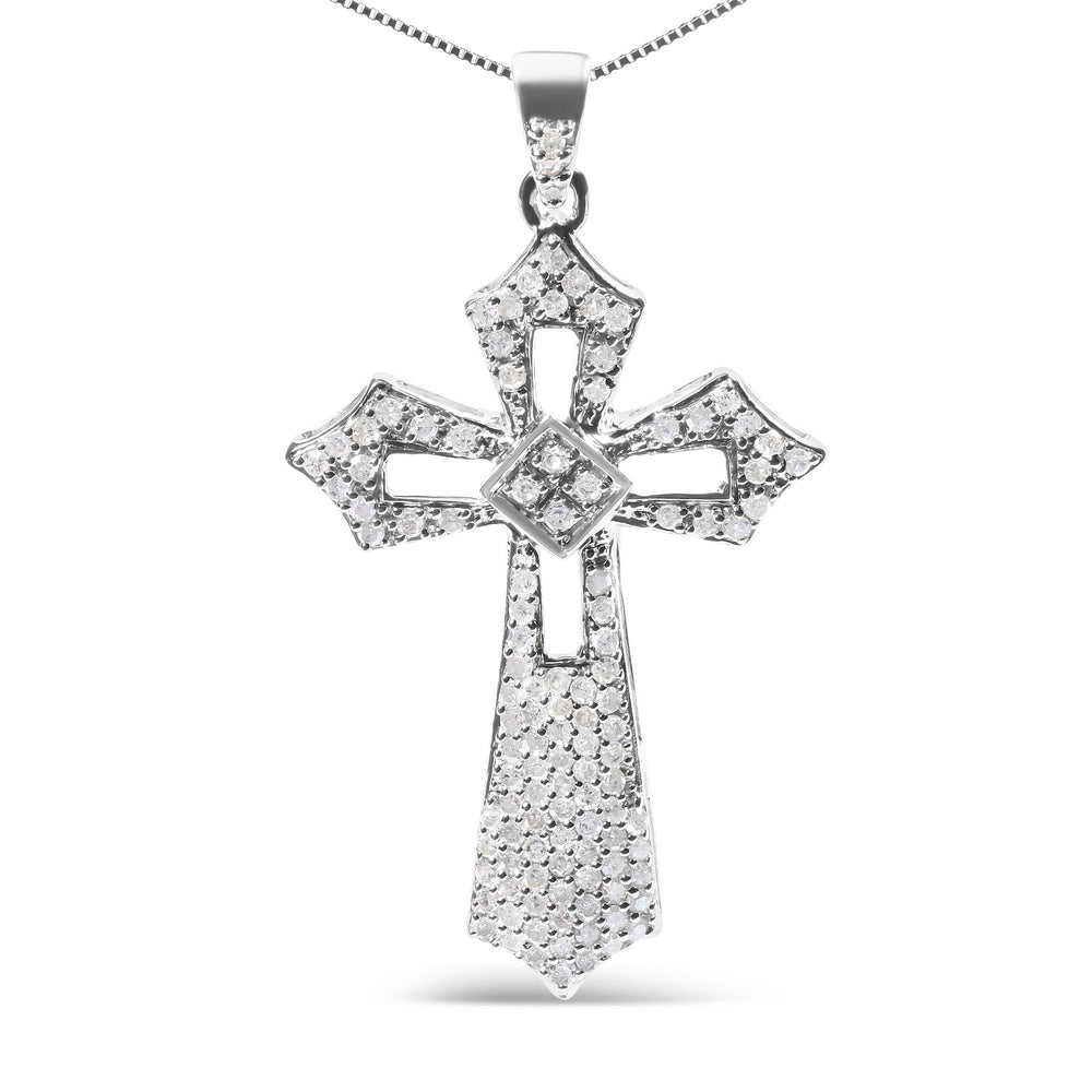.925 Sterling Silver 1.00 Cttw Diamond Fleur De Lis Cross 18" Pendant Necklace (H-I Color, I2-I3 Clarity)