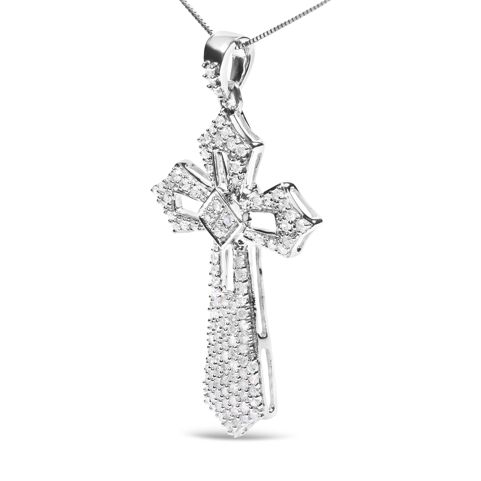 .925 Sterling Silver 1.00 Cttw Diamond Fleur De Lis Cross 18" Pendant Necklace (H-I Color, I2-I3 Clarity)