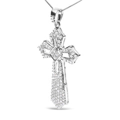 .925 Sterling Silver 1.00 Cttw Diamond Fleur De Lis Cross 18" Pendant Necklace (H-I Color, I2-I3 Clarity)