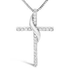 .925 Sterling Silver 1/4 Cttw Diamond Ribbon Swirl over Cross Pendant Necklace (H-I Color, I2-I3 Clarity) - 18" Inches