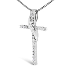 .925 Sterling Silver 1/4 Cttw Diamond Ribbon Swirl over Cross Pendant Necklace (H-I Color, I2-I3 Clarity) - 18" Inches