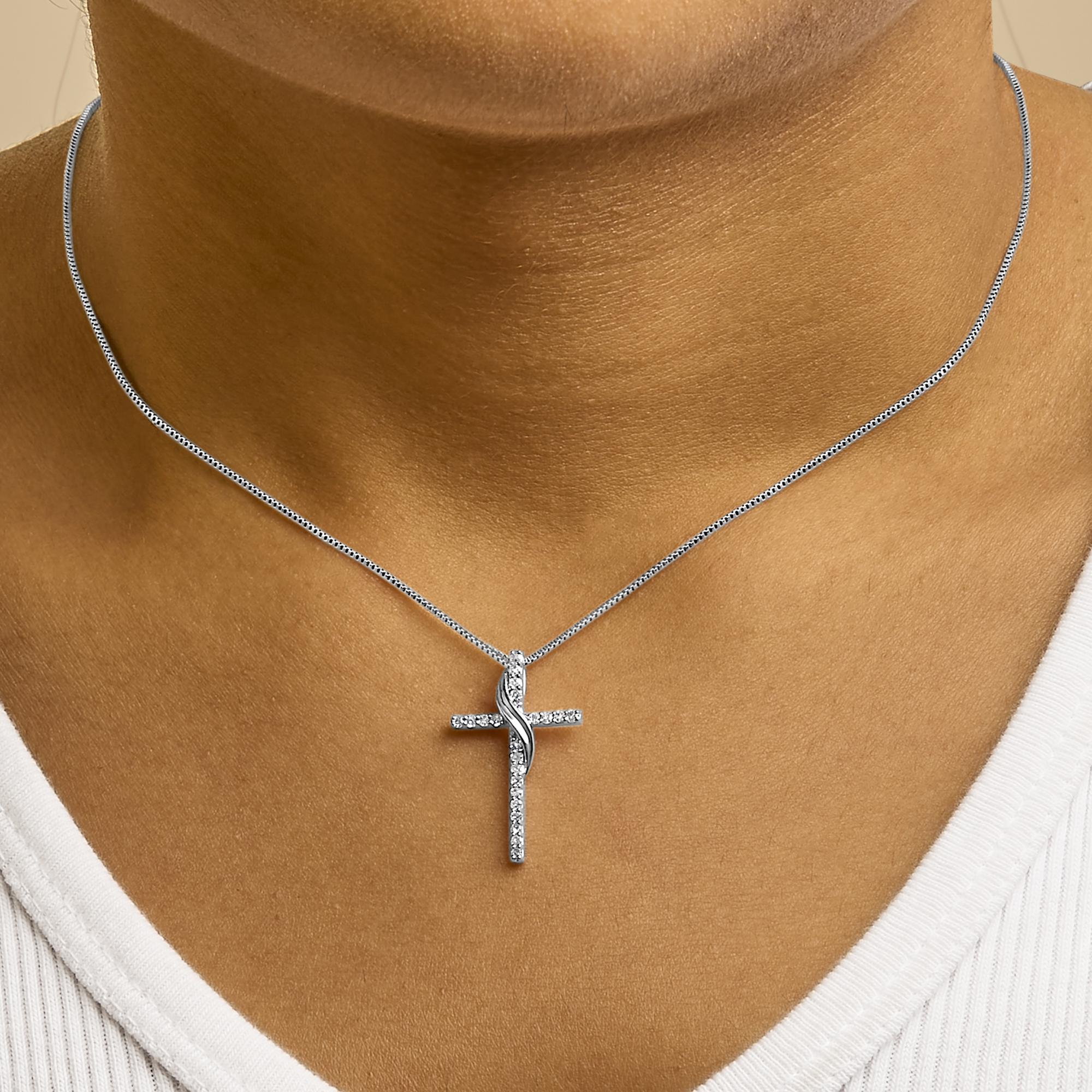 .925 Sterling Silver 1/4 Cttw Diamond Ribbon Swirl over Cross Pendant Necklace (H-I Color, I2-I3 Clarity) - 18" Inches