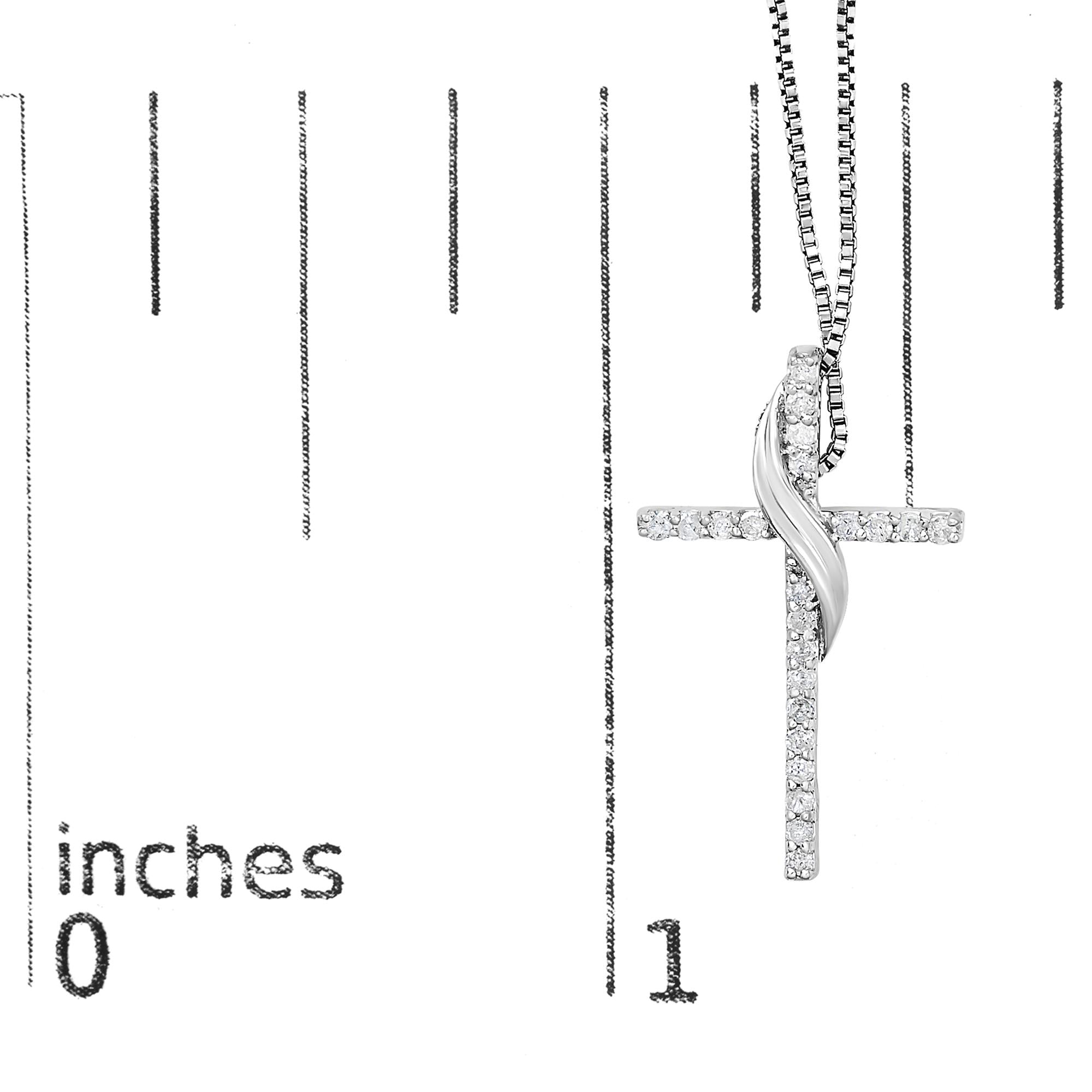 .925 Sterling Silver 1/4 Cttw Diamond Ribbon Swirl over Cross Pendant Necklace (H-I Color, I2-I3 Clarity) - 18" Inches