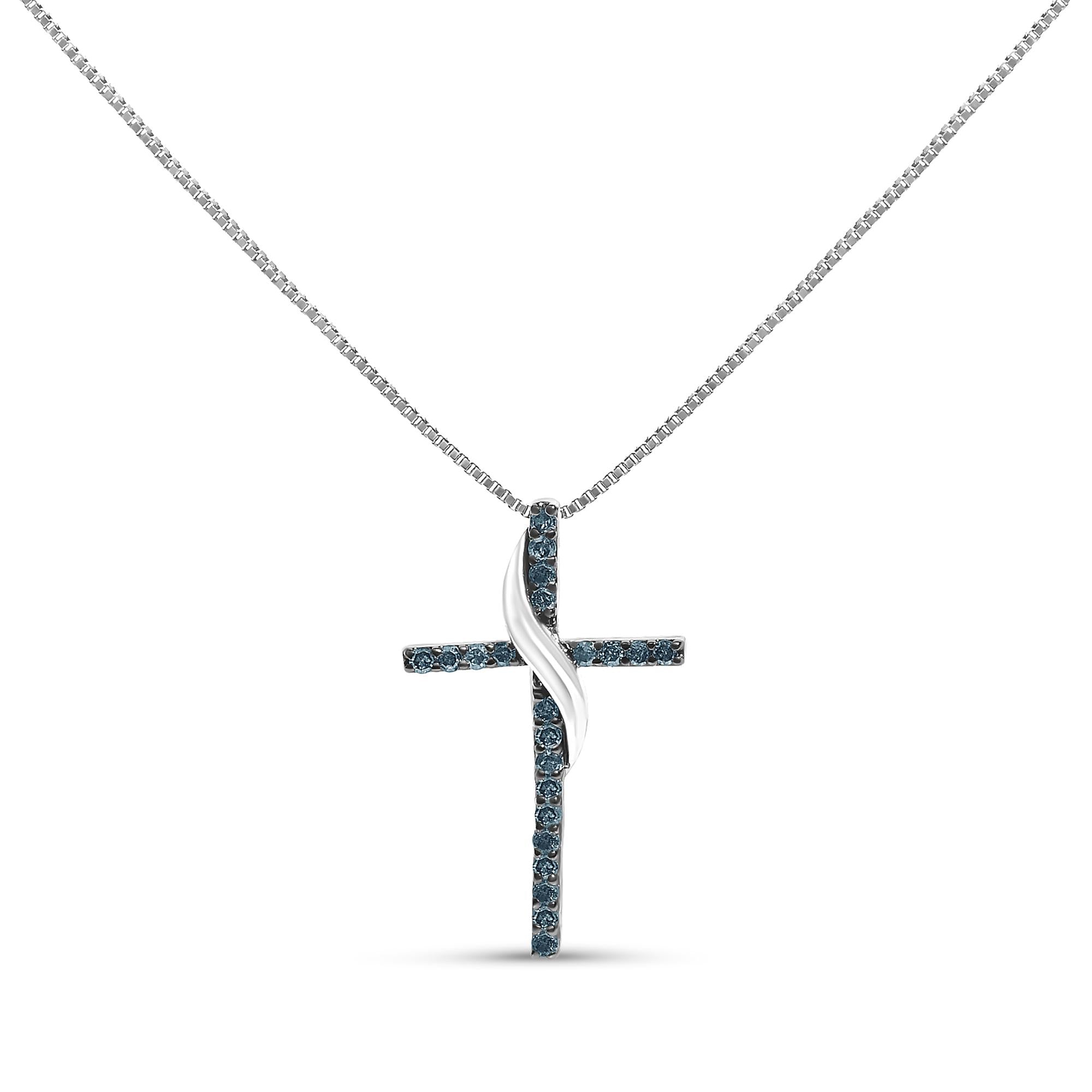 .925 Sterling Silver 1/4 Cttw Blue Diamond Ribbon Swirl over Cross Pendant Necklace (Blue Color, I2-I3 Clarity) - 18" Inches