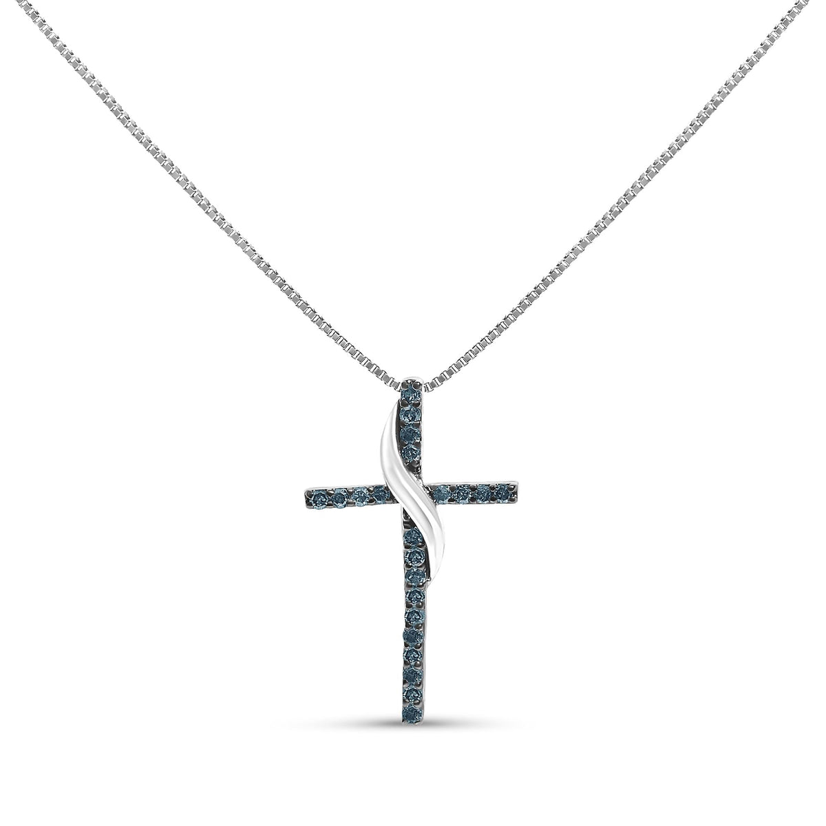 .925 Sterling Silver 1/4 Cttw Blue Diamond Ribbon Swirl over Cross Pendant Necklace (Blue Color, I2-I3 Clarity) - 18" Inches