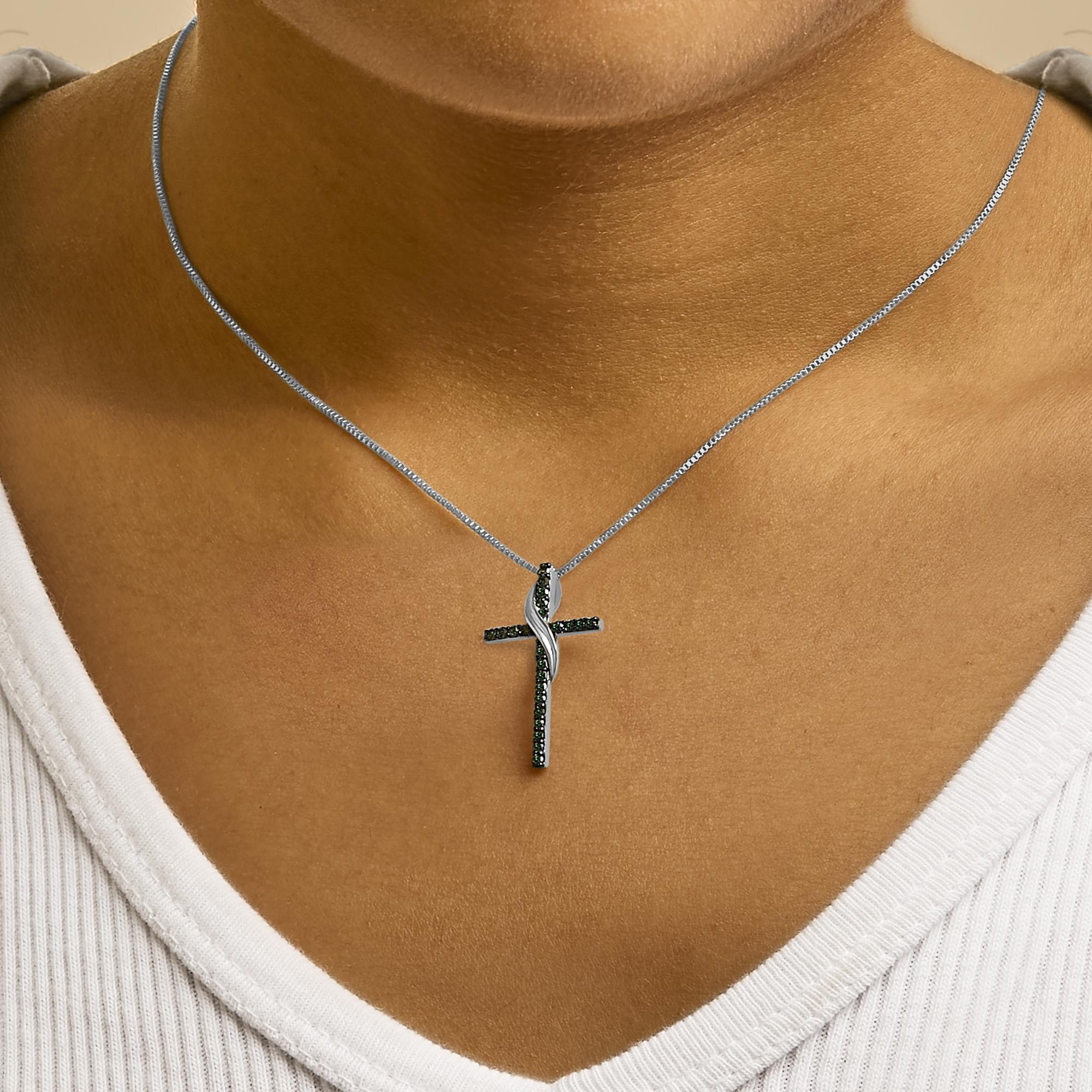 .925 Sterling Silver 1/4 Cttw Blue Diamond Ribbon Swirl over Cross Pendant Necklace (Blue Color, I2-I3 Clarity) - 18" Inches