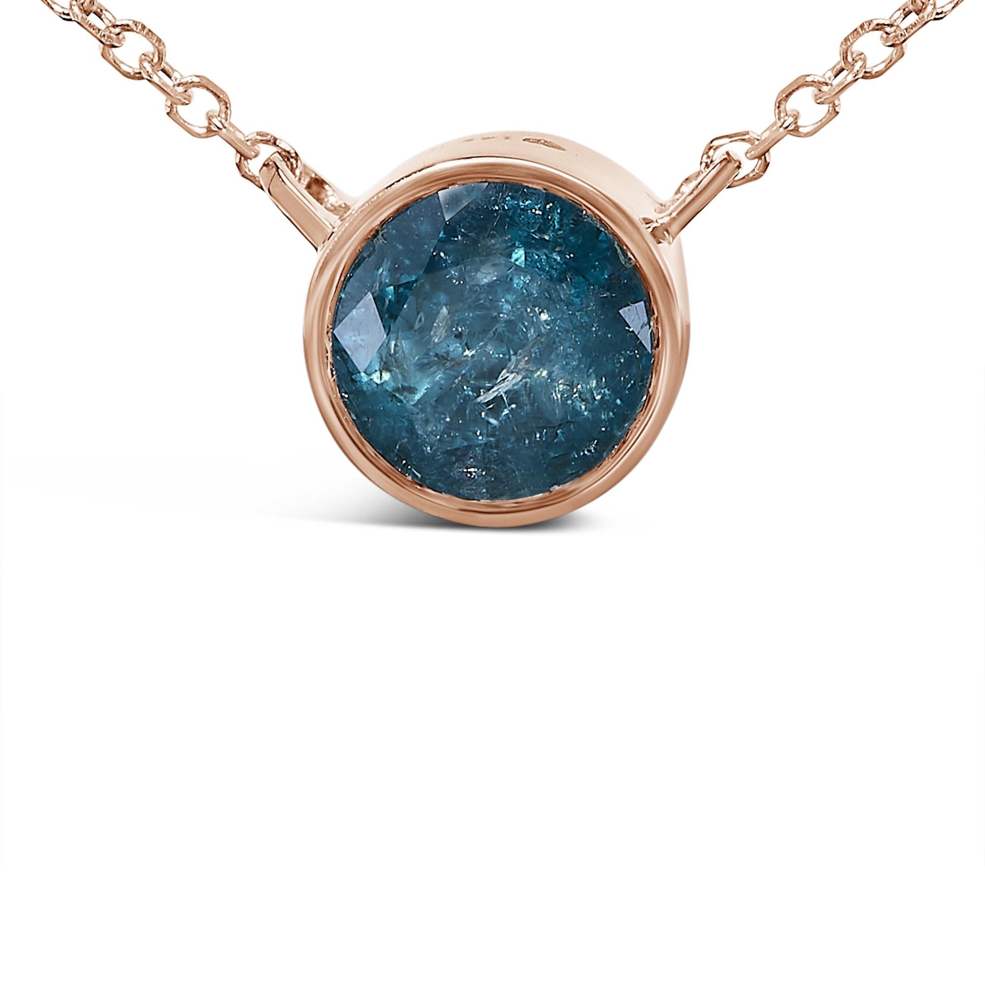 14K Rose Gold 2.0 Cttw Bezel Set Blue Diamond Solitaire Pendant Necklace  - 18" Inches