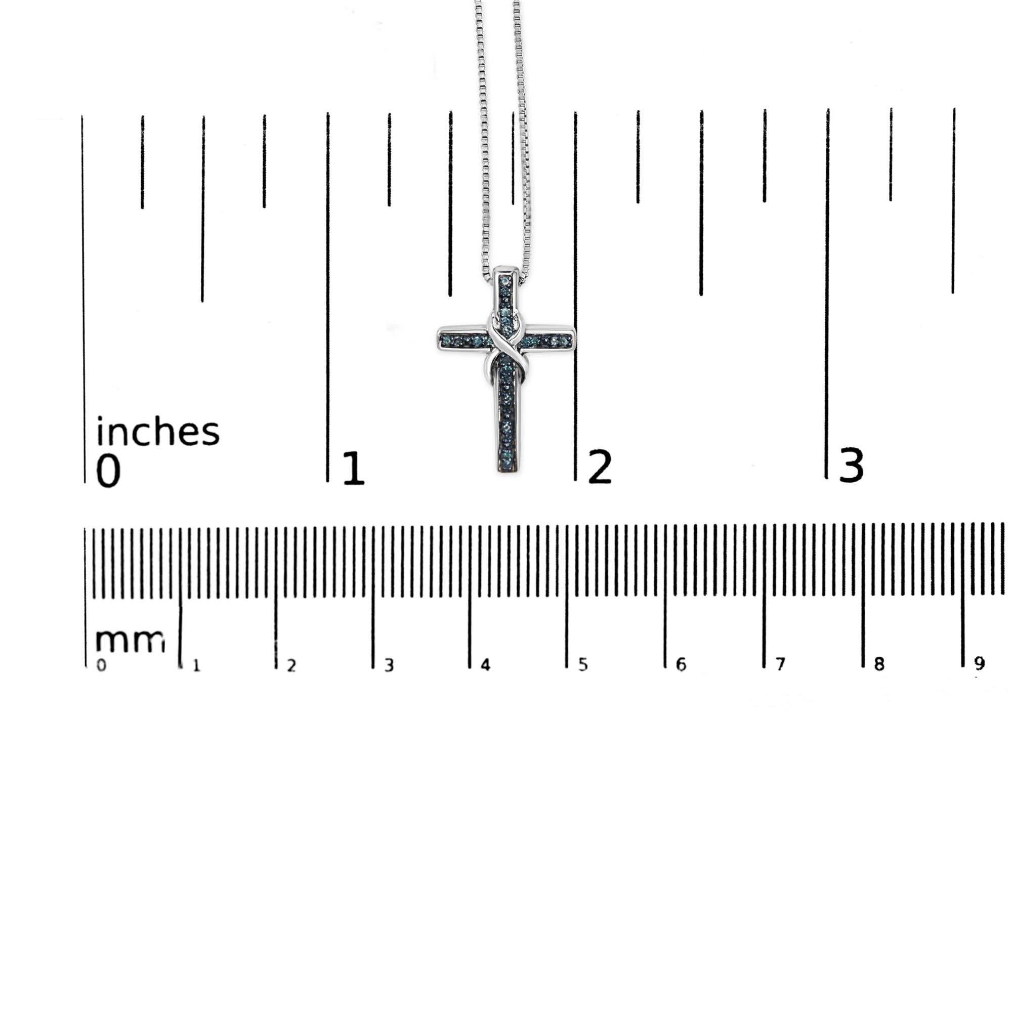 .925 Sterling Silver 1/10 Cttw Blue Diamond Inlaid Cross with Ribbon Pendant Necklace (Blue Color, I2-I3 Clarity) - 18"