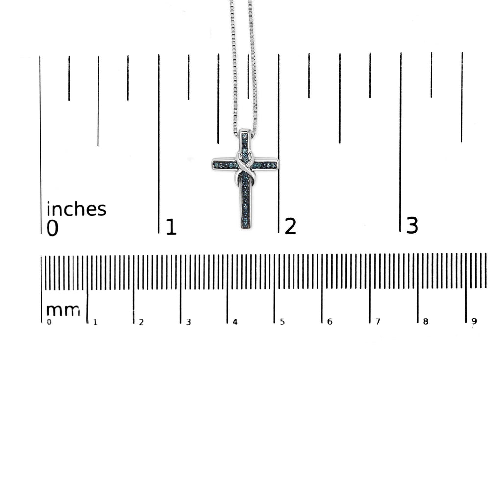 .925 Sterling Silver 1/10 Cttw Blue Diamond Inlaid Cross with Ribbon Pendant Necklace (Blue Color, I2-I3 Clarity) - 18"