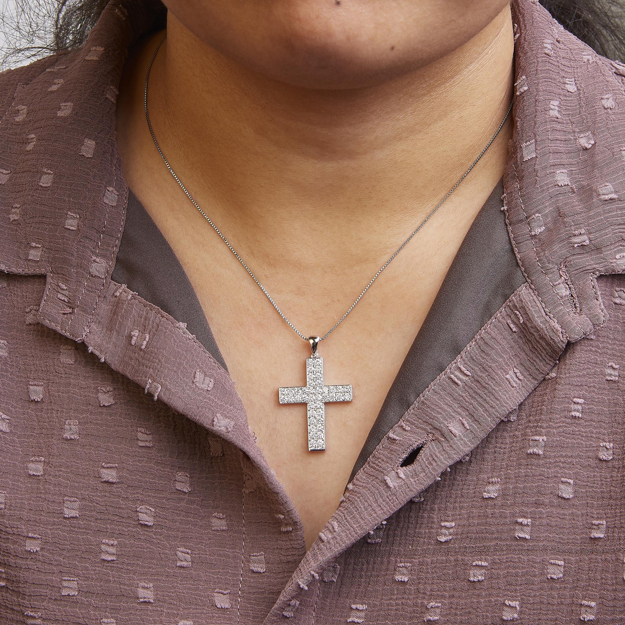 14K White Gold 2.0 Cttw Lab Grown Diamond Inlay Cross Pendant Necklace (F-G Color, VS1-VS2 Clarity) - 18" Inches