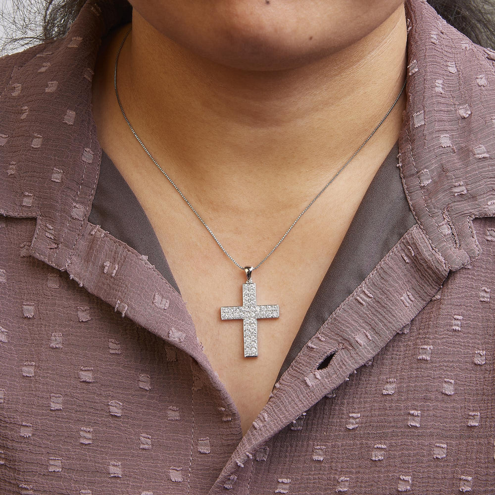 14K White Gold 2.0 Cttw Lab Grown Diamond Inlay Cross Pendant Necklace (F-G Color, VS1-VS2 Clarity) - 18" Inches