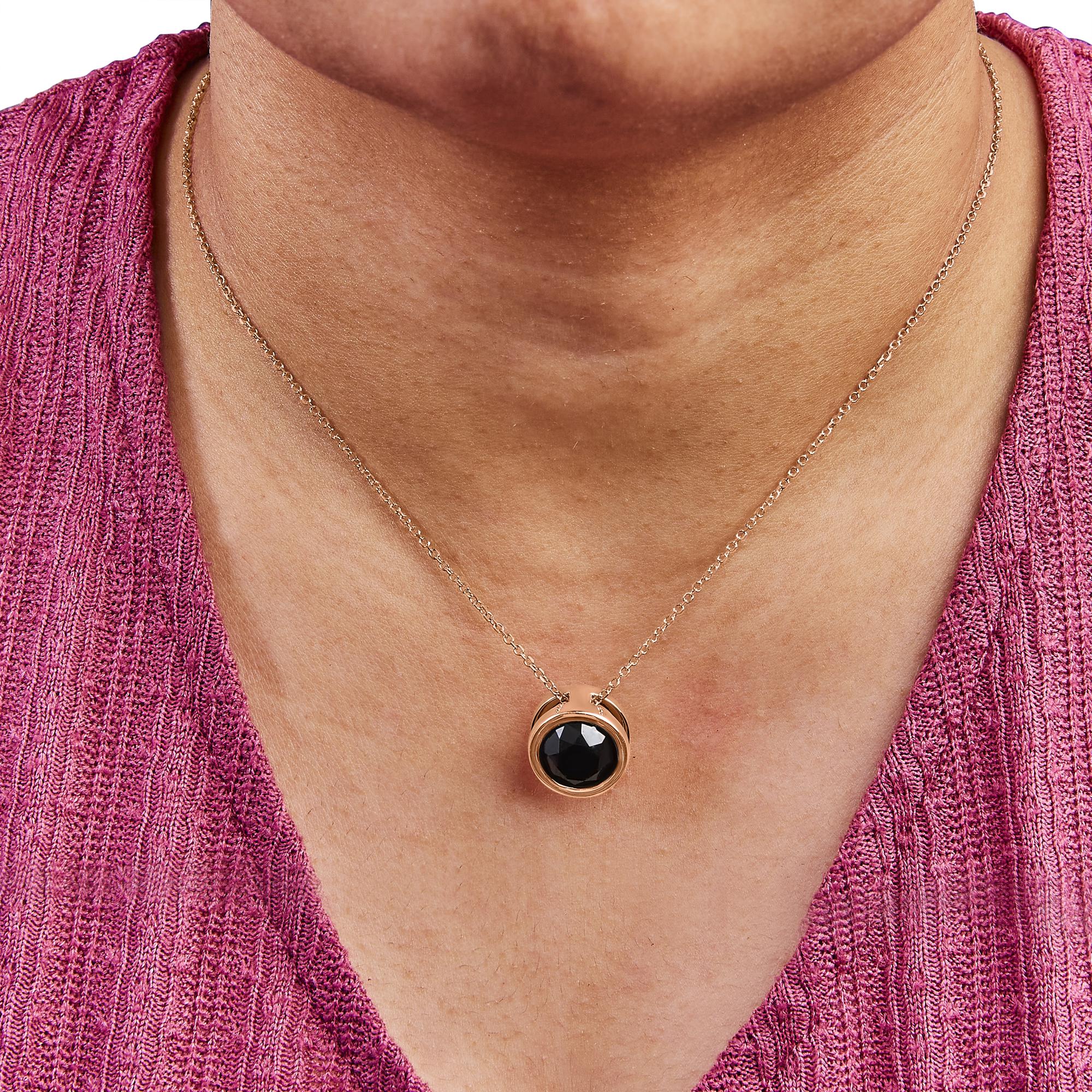 14K Rose Gold Bezel-Set Black Round Diamond Solitaire Pendant Necklace (Black Color, I2-I3 Clarity) - 18"