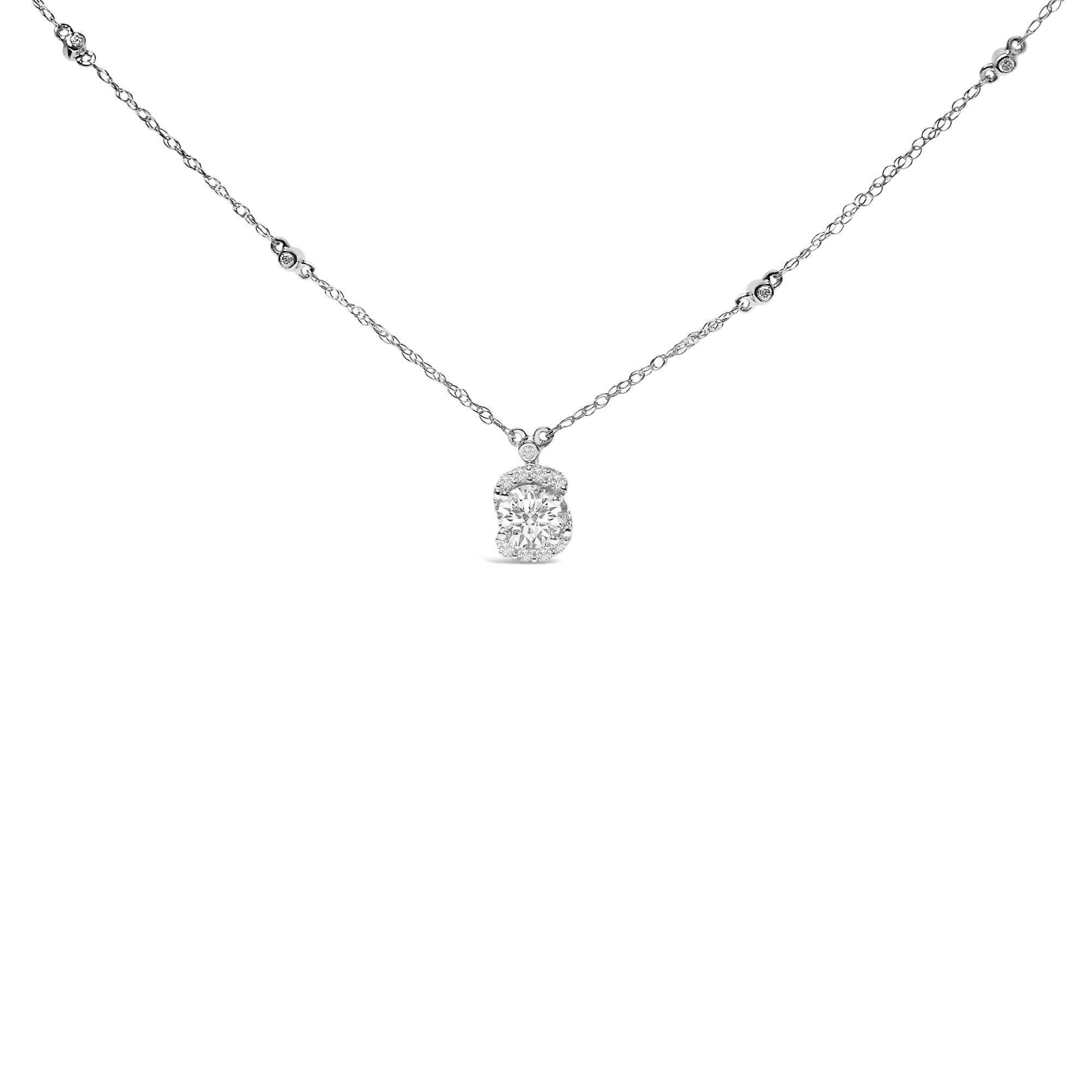 Sterling Silver 1.00 Cttw Lab Grown Diamond Oval Halo Pendant Bezel Station Necklace