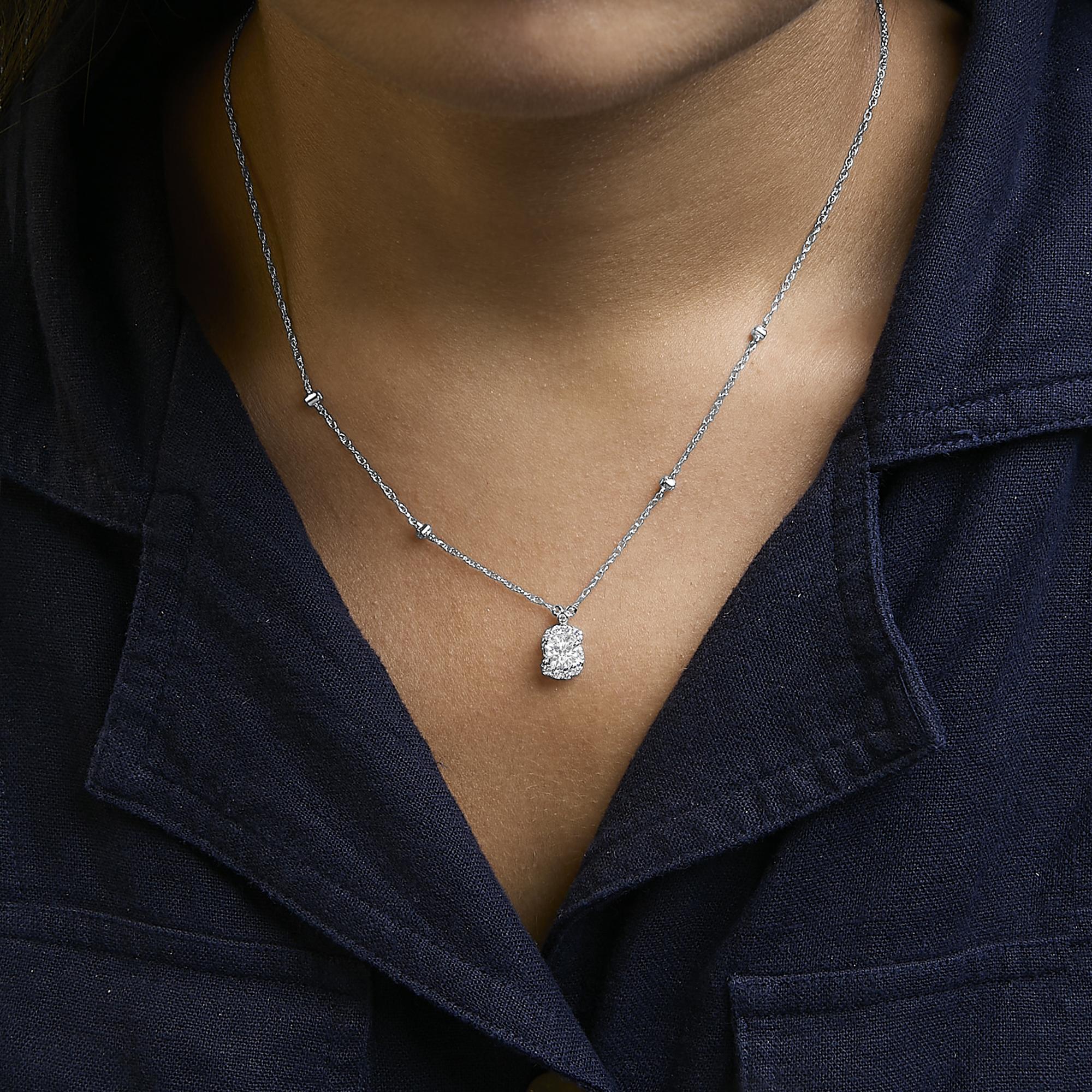 Sterling Silver 1.00 Cttw Lab Grown Diamond Oval Halo Pendant Bezel Station Necklace